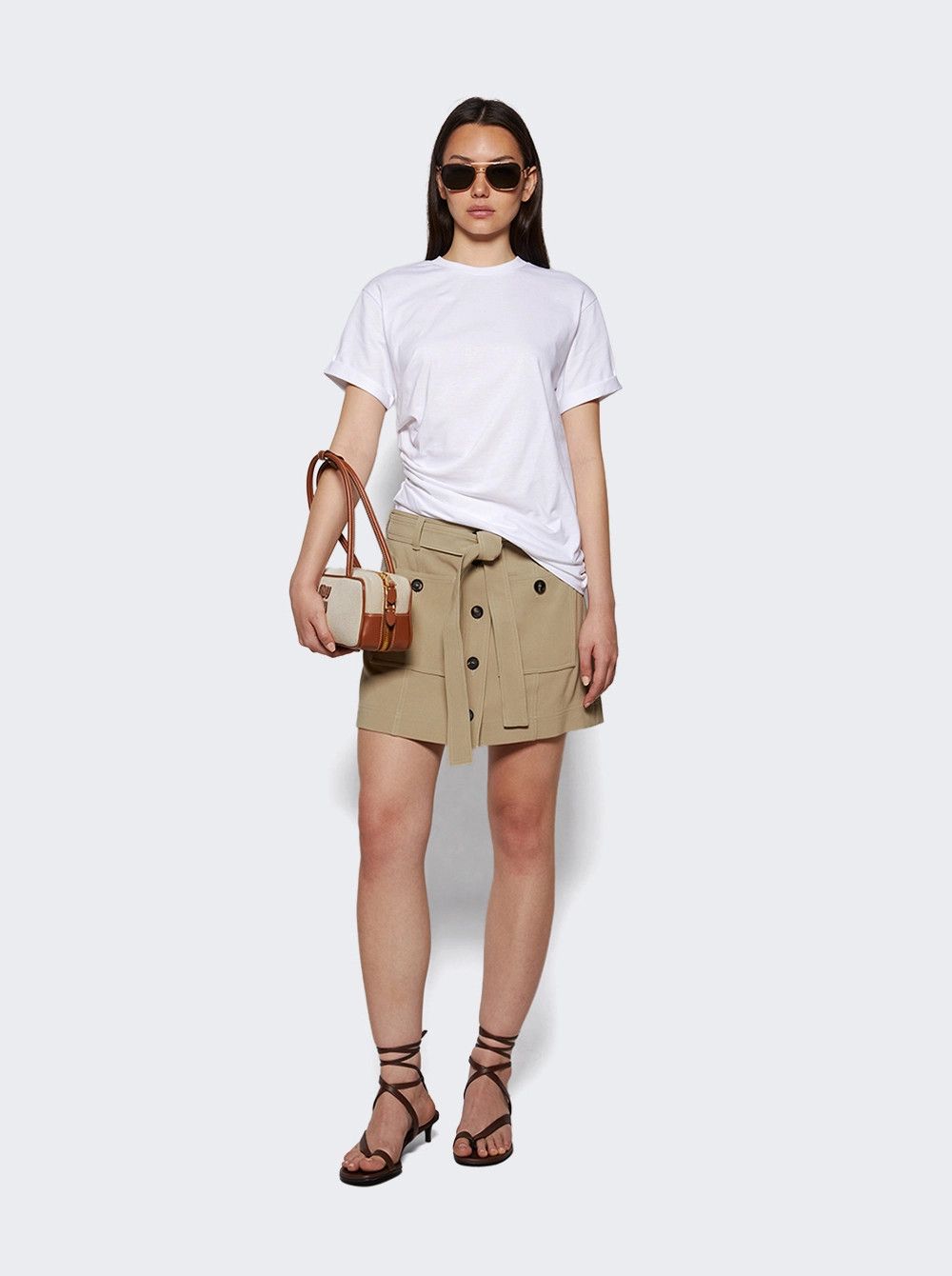 Salvatore Ferragamo o1s1rm0526 Belted Crepe Cotton Mini Skirt in Sand Size 27" / US 4 / IT 40 - 5 Thumbnail