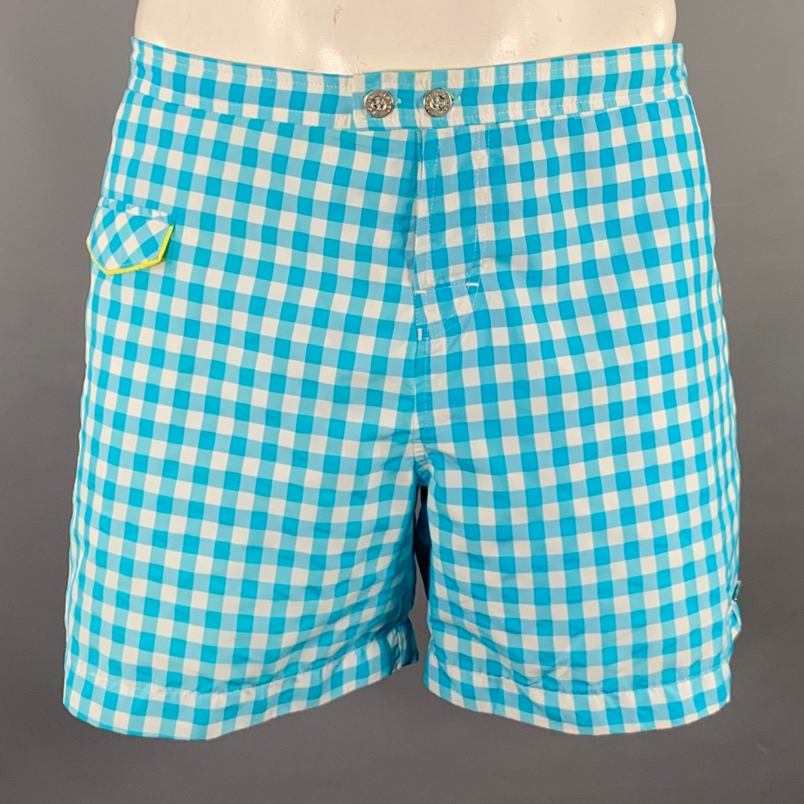 Parke & Ronen Turquoise White Gingham Polyester Blend Swim Trunks Size US 36 / EU 52 - 1 Thumbnail