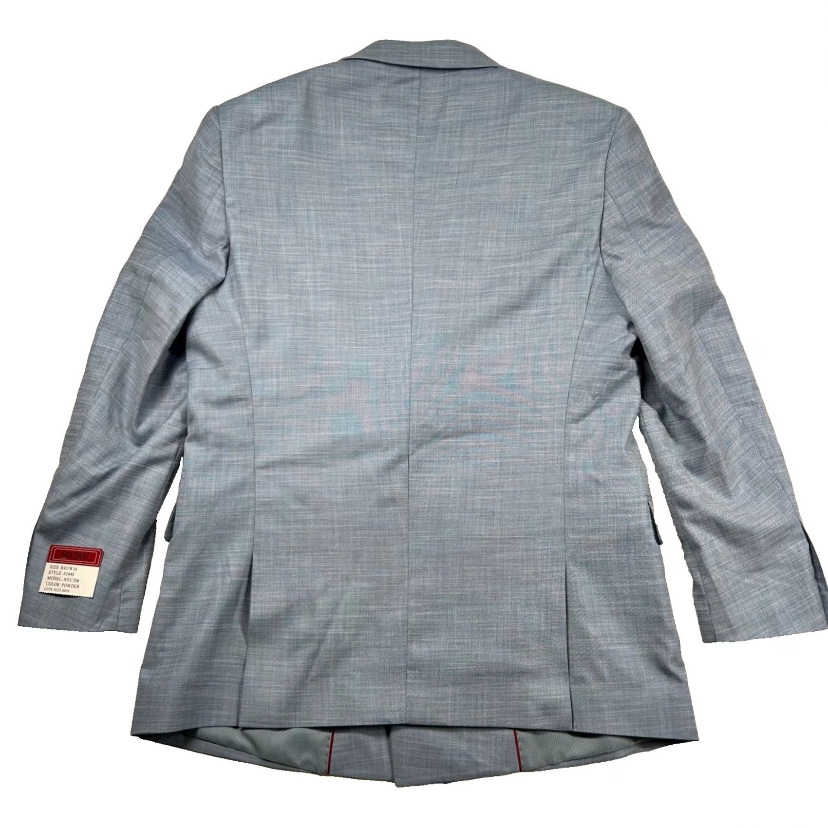 Vintage Mazari Suit Men 42R 36W Peak Lapel Performance Stretch Powder Blue Double Breast 2 Piece Size 42R - 2 Thumbnail