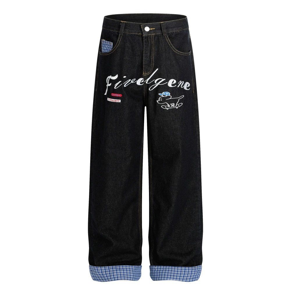 Jean Men's plaid patchwork letter embroidered straight jeans Size US 32 / EU 48 - 1 Thumbnail