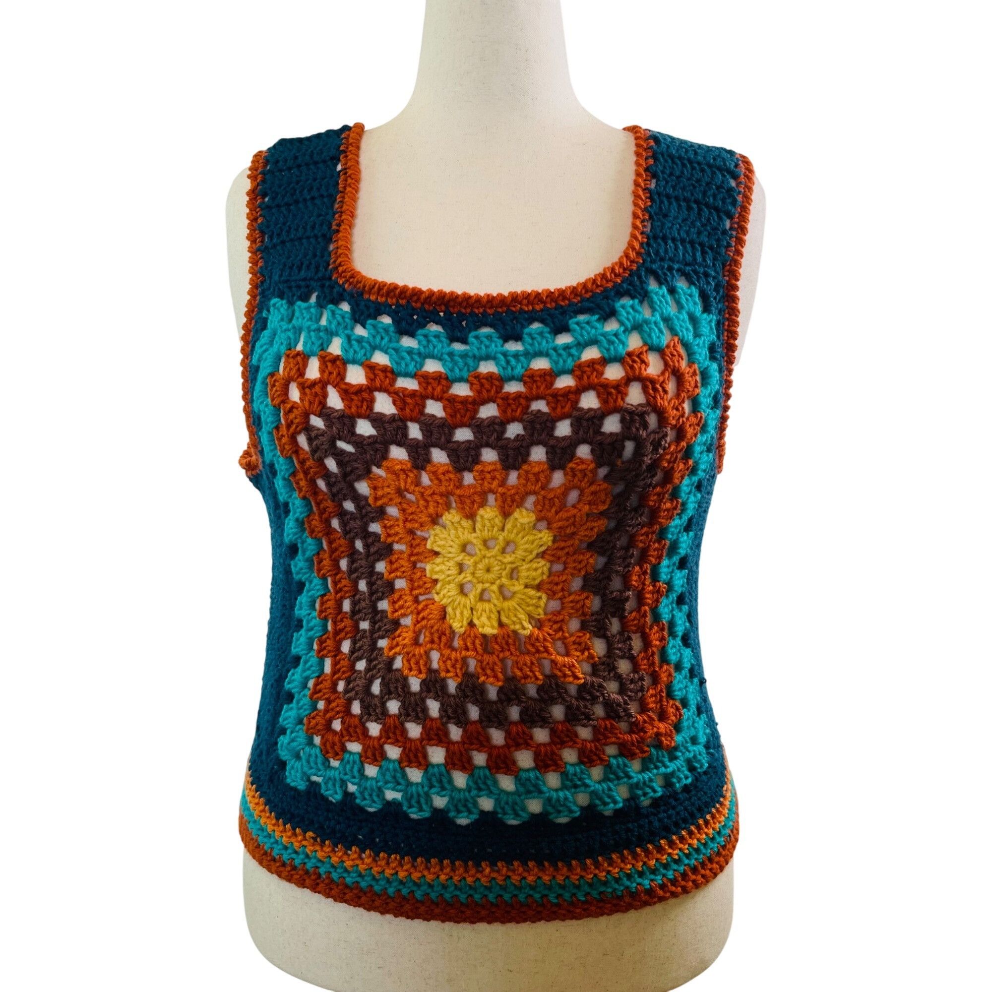 Handmade Crochet Vest Tank Top Retro 70's Hippie Granny Square Rib Ti Size ONE SIZE - 3 Thumbnail