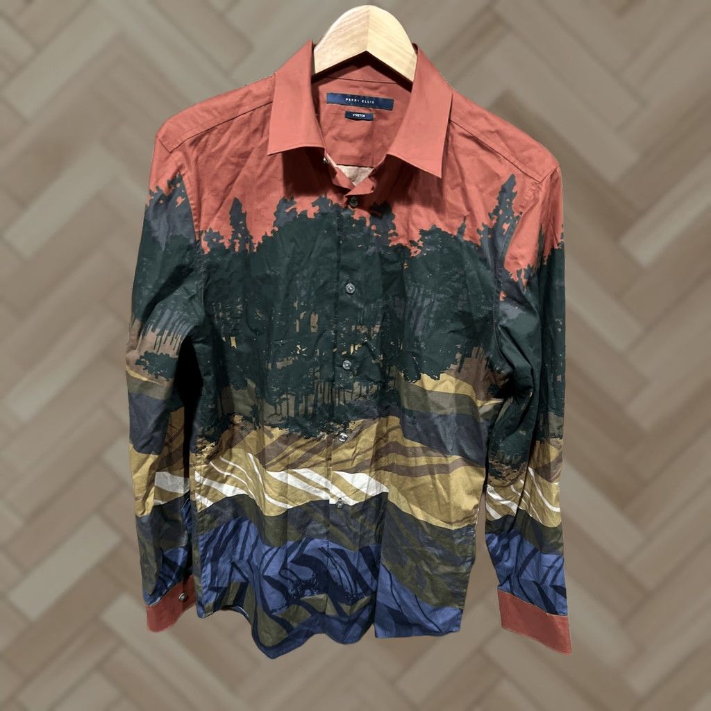 Perry Ellis Perry Ellis Shirt Mens Small Stretch Long Sleeve Button-Up Collared Colorful Multicolor Viscose Pattern Abstract 90s? Nope Size US S / EU 44-46 / 1 - 1 Thumbnail