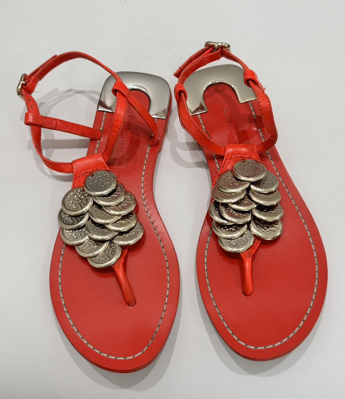 Diane von Furstenberg Diane von Furstenberg Red Leather Thong Sandals Coin Buckle Size US 5.5 / IT 35.5 - 1 Thumbnail