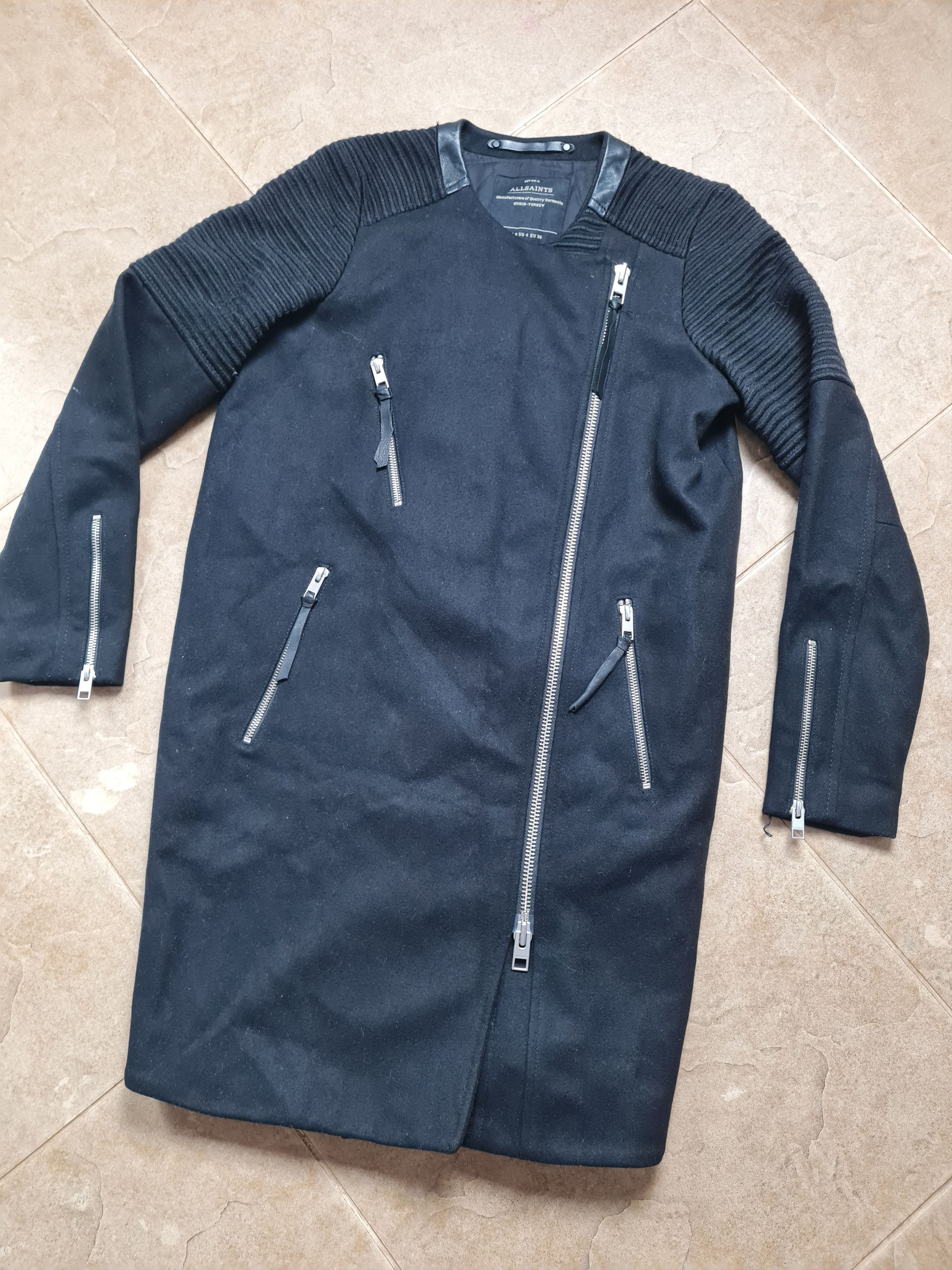 Allsaints AllSaints Black Biker Coat Long Jacket Asymmetric Zip Wool Size S / US 4 / IT 40 - 8 Thumbnail