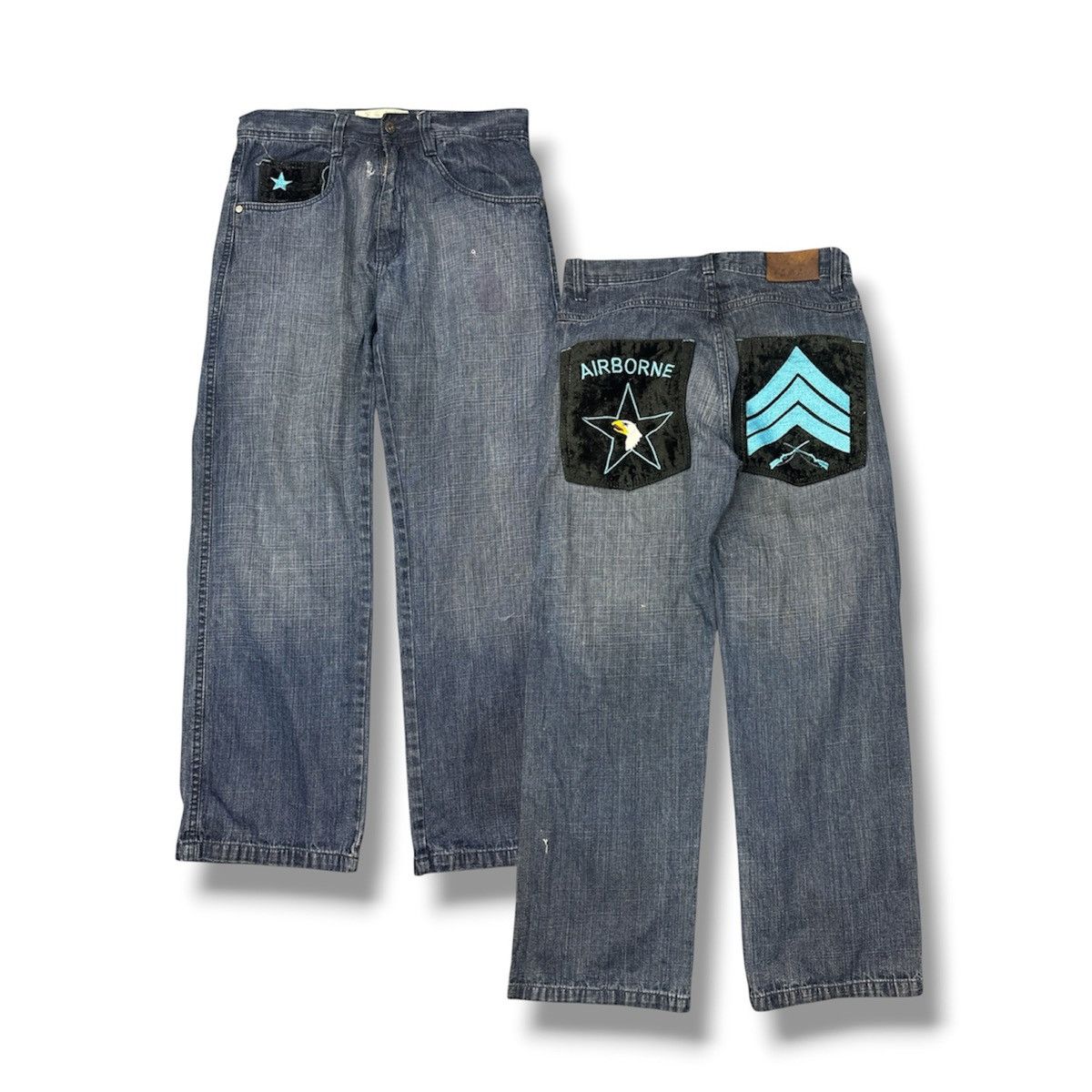 Japanese Brand Y2K Baggy Denim Jeans Airborne Military Patch Wide Leg Size US 32 / EU 48 - 1 Thumbnail