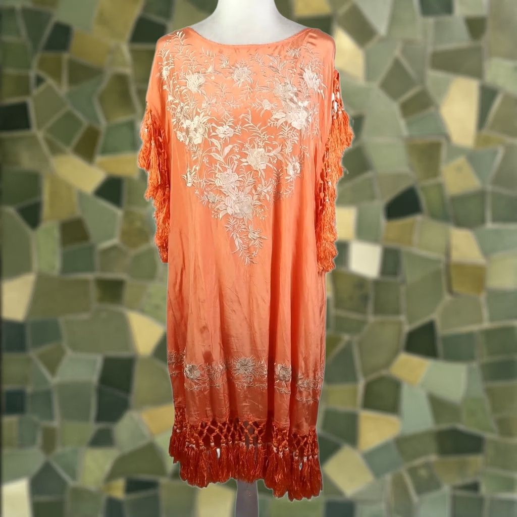 Vintage Sundance Orange Cream Floral Embroidered Swim Cover-Up Dress Kaftan Sundress Tassel Fringe Size S / US 4 / IT 40 - 1 Thumbnail