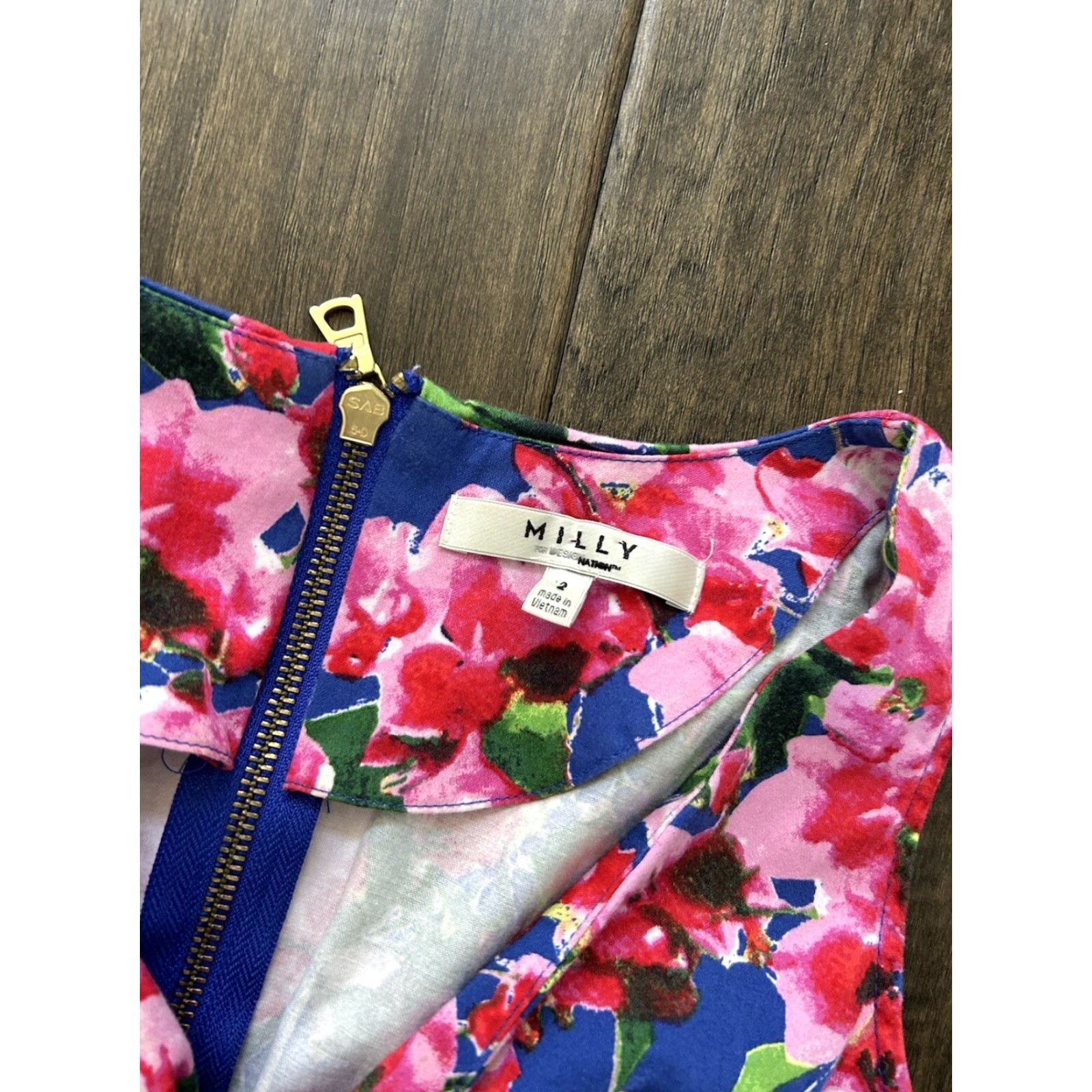 MILLY Milly Floral Knee Length Dress Women's 2 Blue Pink Flower A-Line Zip Button-Up Knee Length Dress Womens 2 Blue Pink Floral Milly Size XS / US 0-2 / IT 36-38 - 2 Thumbnail
