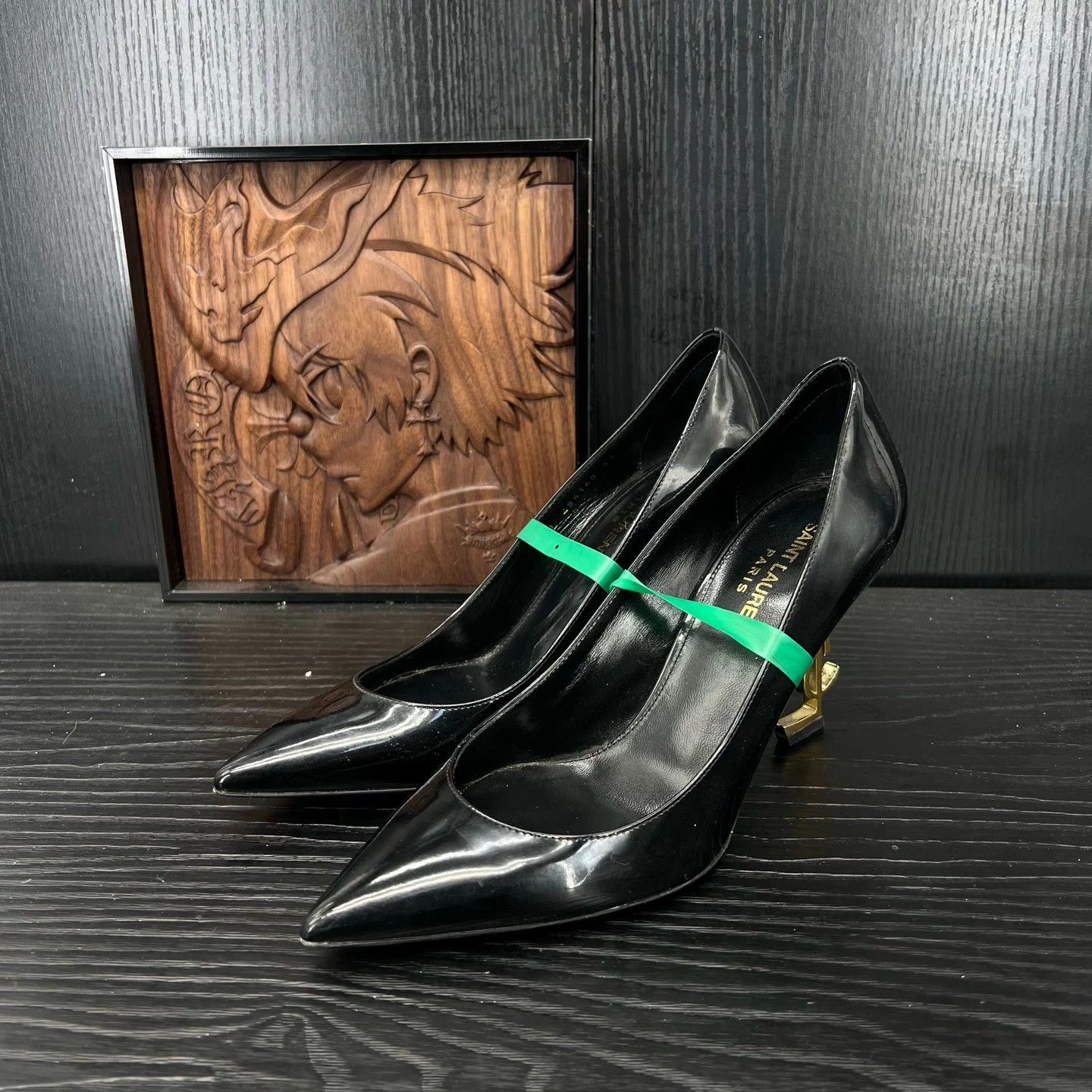 YSL Opyum Patent Black Gold Heels 37 Box