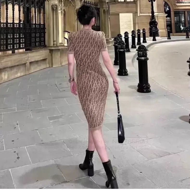 Fendi Fendi Brown All-Printed Waist-Tie Knit Short Sleeve Dress Size XS / US 0-2 / IT 36-38 - 2 Thumbnail
