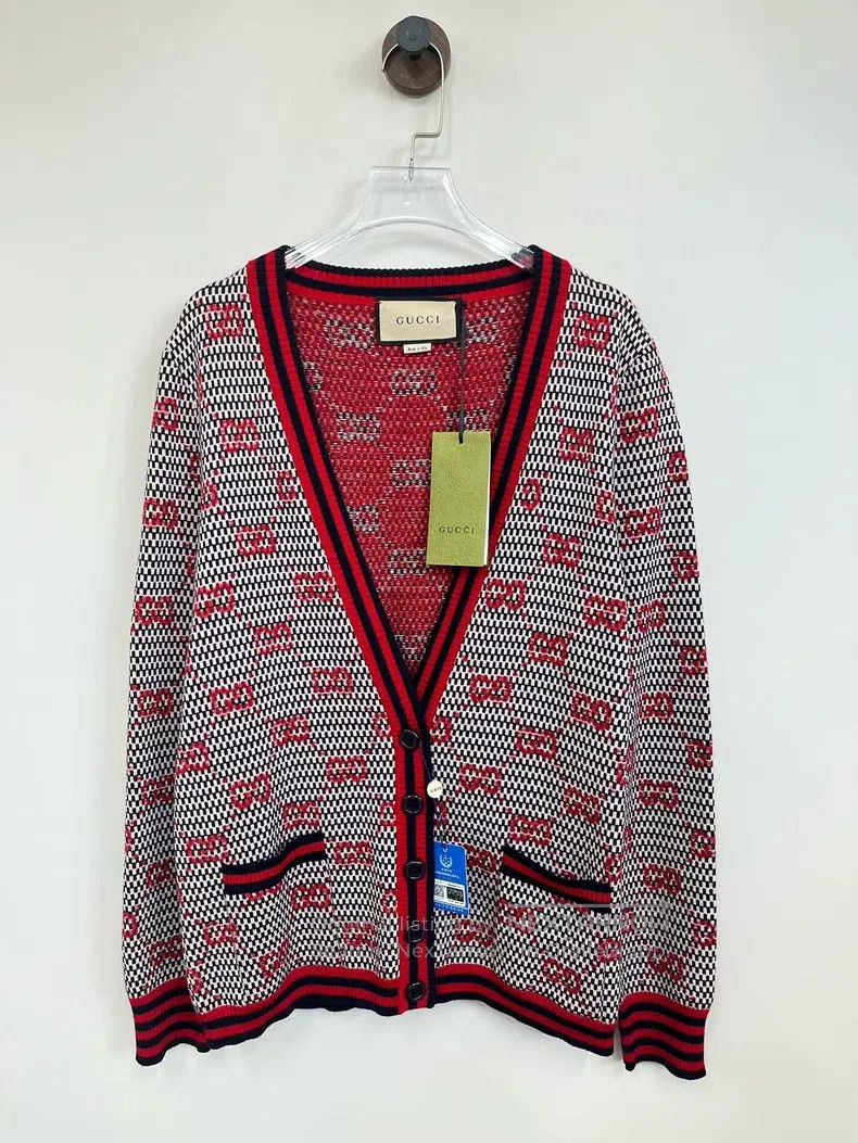 Gucci Gucci Red double G full-print V-neck woollen knitted cardi Size US M / EU 48-50 / 2 - 1 Thumbnail