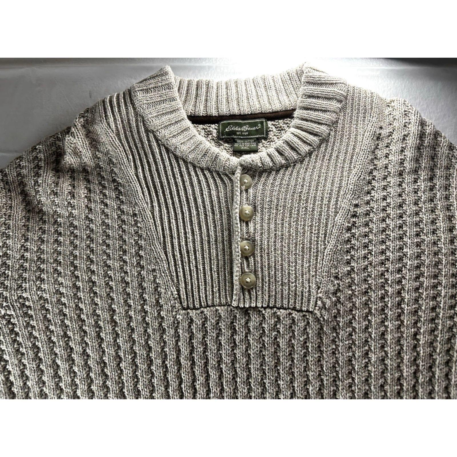 Eddie Bauer VTG Eddie Bauer Ribbed Henley Sweater Mens 2XL Beige Mock Neck Long Sleeve Cable-Knit 90s Vintage Debris: None Size US XXL / EU 58 / 5 - 3 Thumbnail