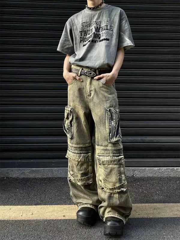 Jean Khaki Baggy / Chunky Bleached Cargo Wide Leg Jeans Size US 34 / EU 50 - 7 Thumbnail