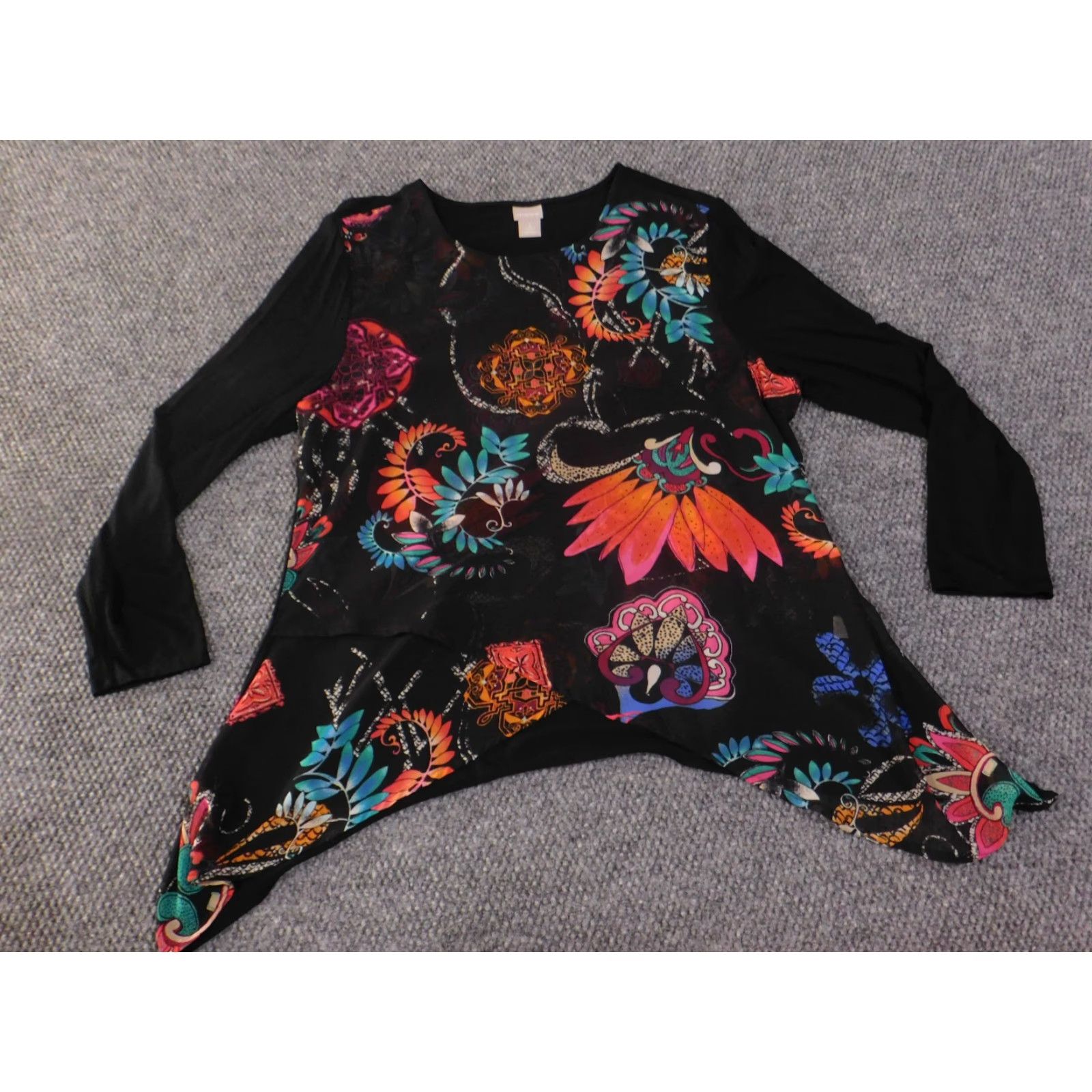 Vintage Chico's Blouse Shirt Womens XL Black Floral Chiffon Sheer Bell Sleeve Scoop Neck Pullover Casual Regular Summer Spring Designer Style Size XL / US 12-14 / IT 48-50 - 2 Thumbnail