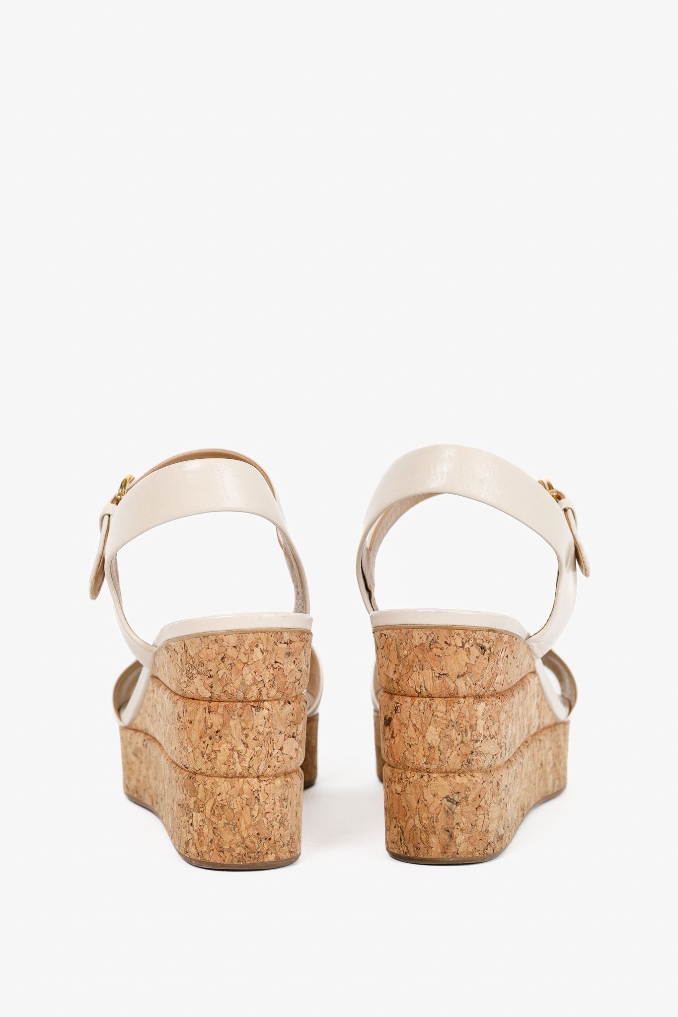 Salvatore Ferragamo Salvatore Ferragamo Madea Cream Leather & Cork Wedge Sandals Size US 8 / IT 38 - 3 Thumbnail