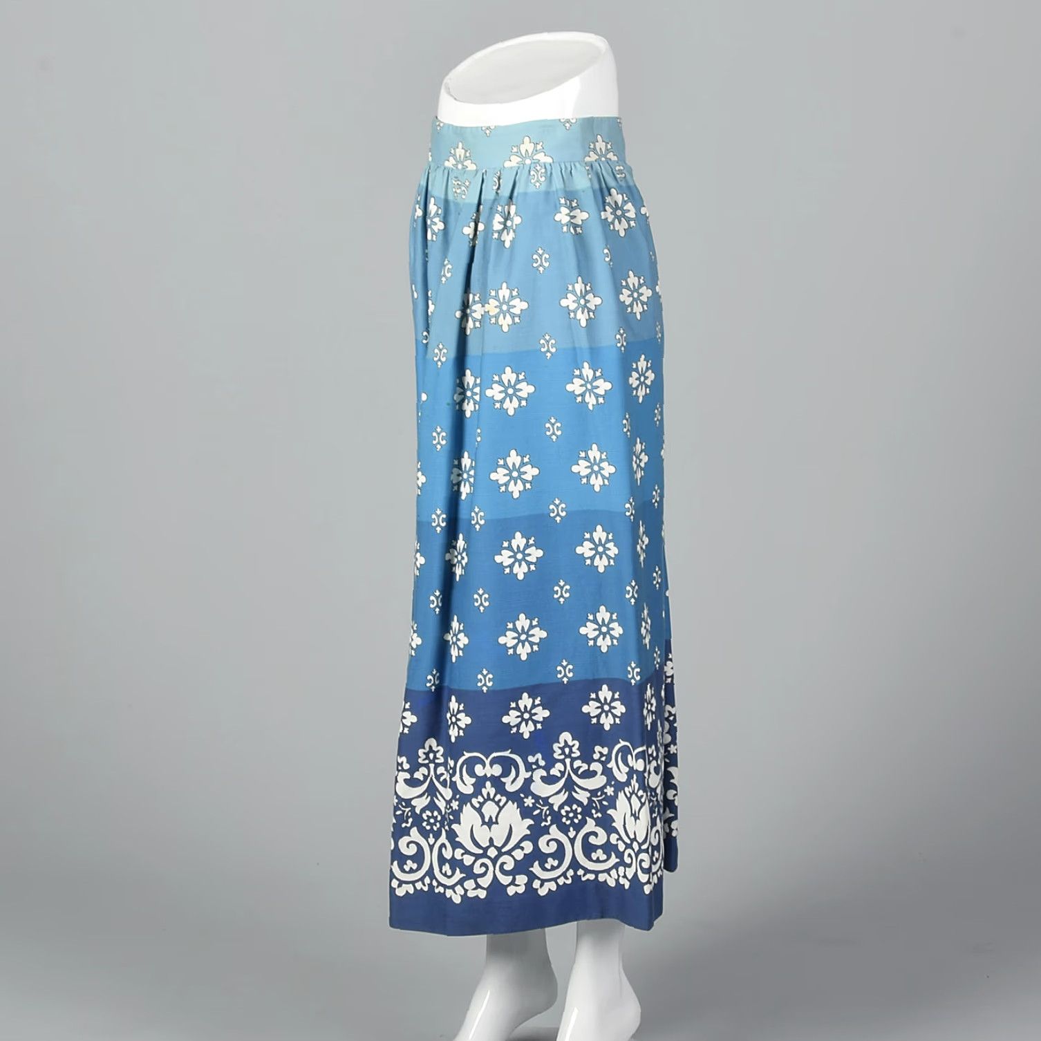 XXS 1970s Maxi Skirt Vintage Blue Long White Floral Pattern Stripe Summer Skirt