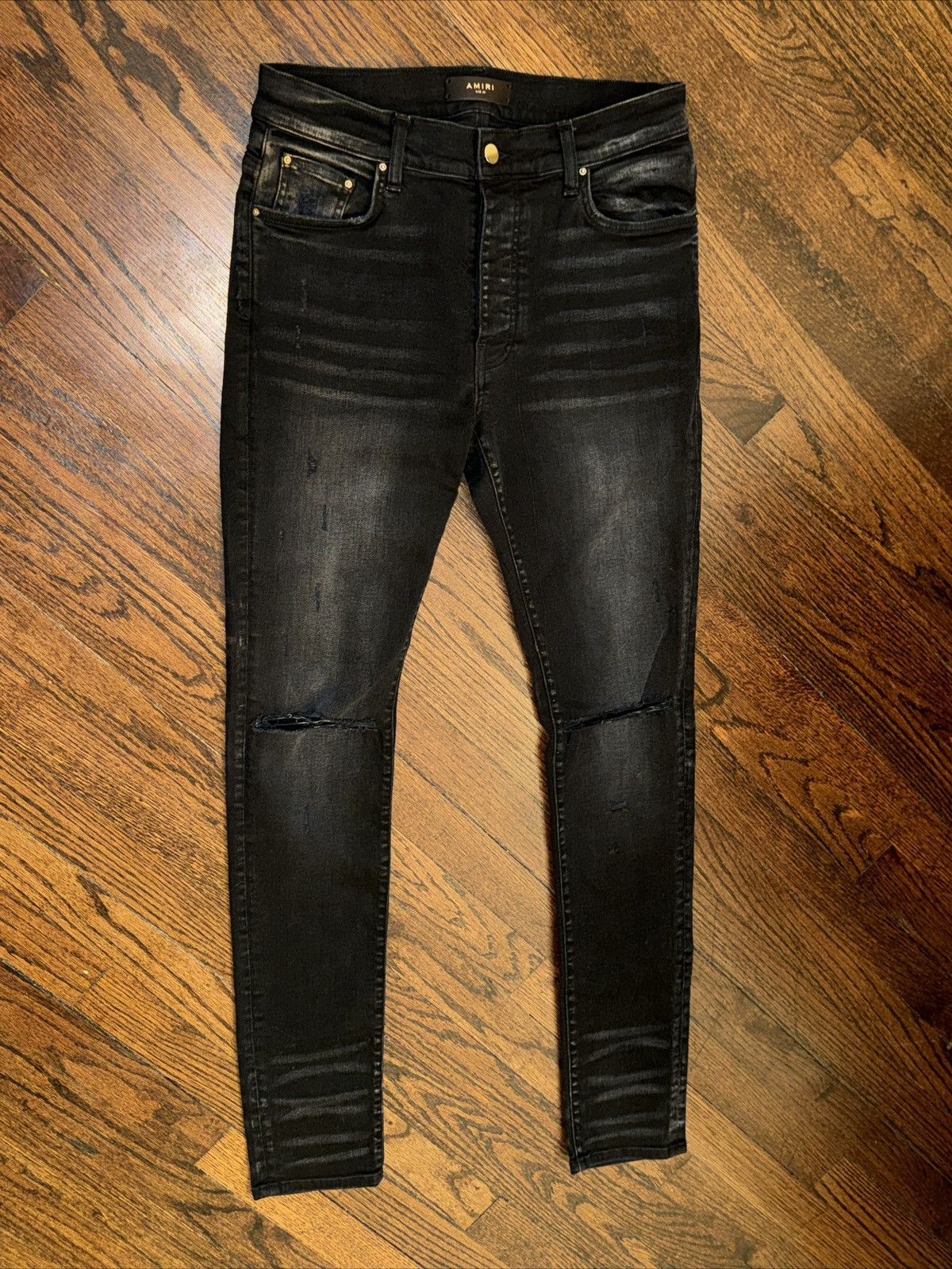 image of Amiri Stack Denim Jeans Slit Knee Black Faded Size 32, Men's