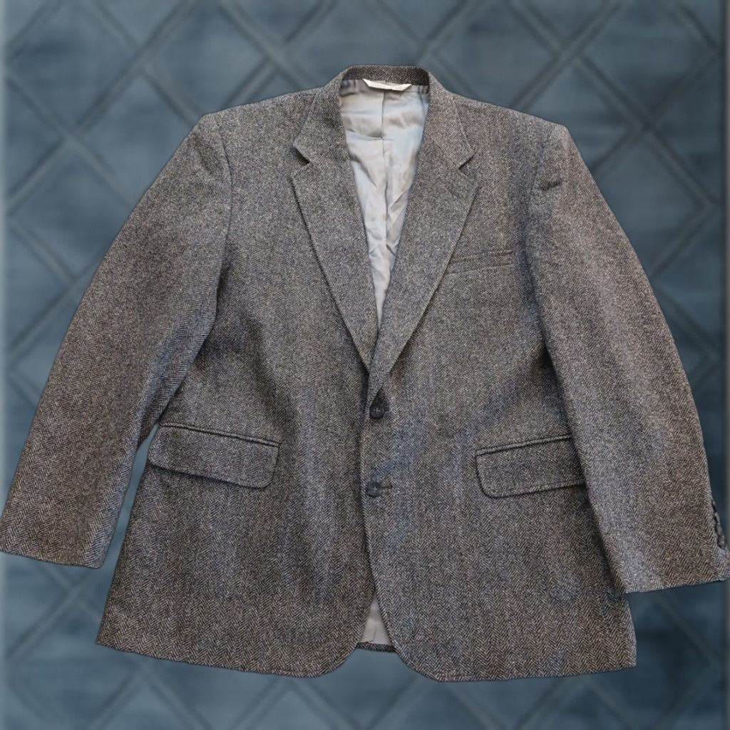 Lands' End Lands' End Blazer Mens 46 Long Gray Tweed Herringbone Wool Single Vent Two-Button Notch Lapel Jacket Coat 2 Piece Regular Mens Size 46R - 1 Thumbnail