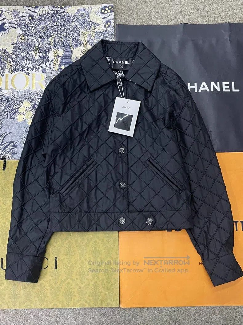 Chanel 25M black silk diamond plaid lapel long-sleeved jac