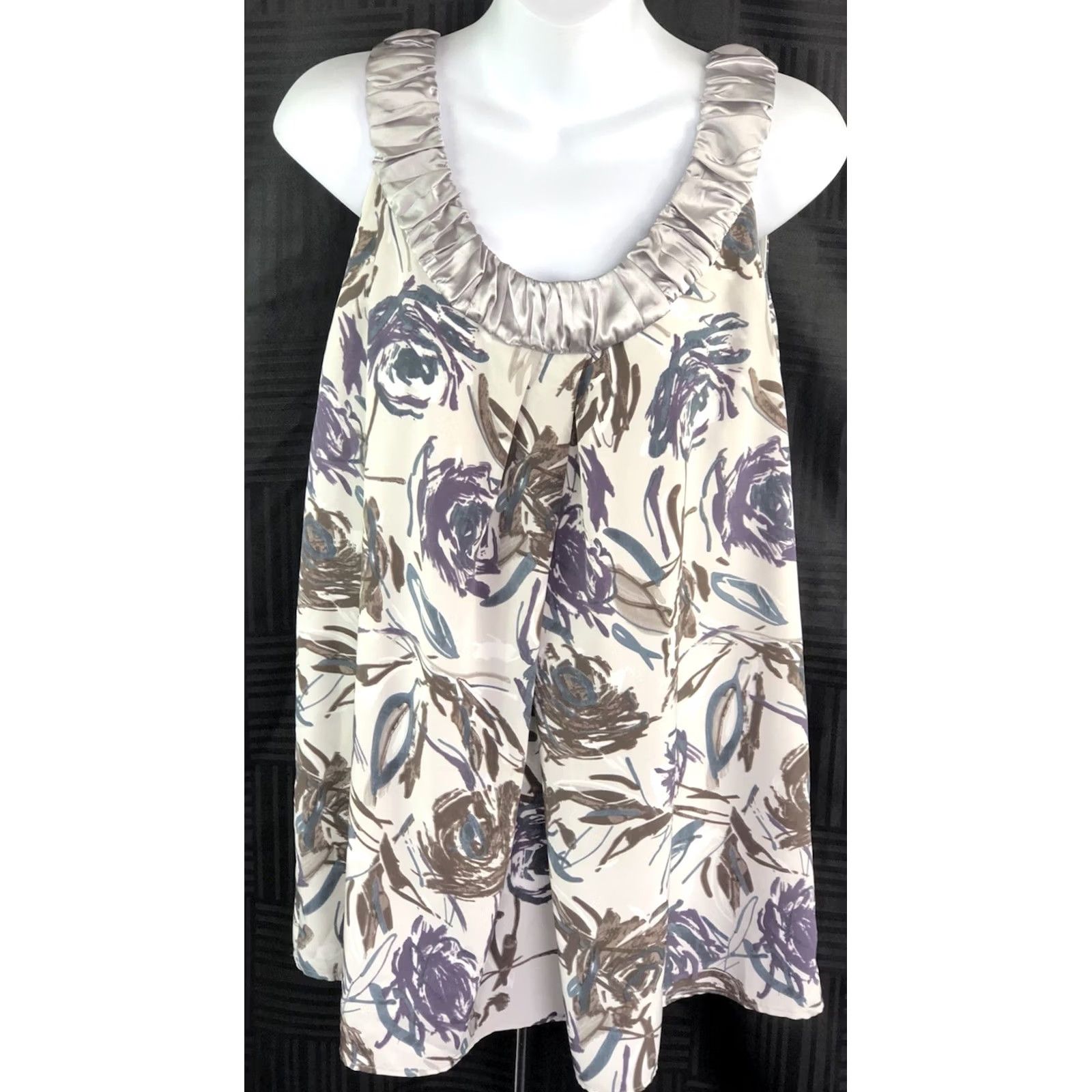 Vintage Vera Wang Sleeveless Top Blouse 12 Gray Floral Satin Ruched Cottage Boho Women Size XL / US 12-14 / IT 48-50 - 7 Thumbnail