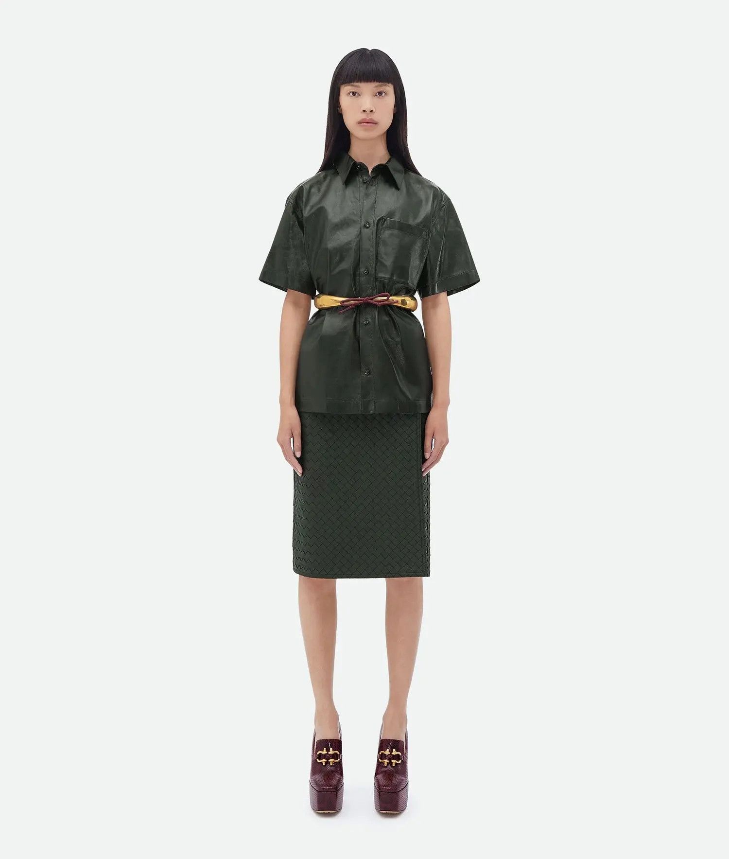 Bottega Veneta o1bcso1str0725 Shiny Leather Shirt in Dark Green Size M / US 6-8 / IT 42-44 - 4 Thumbnail