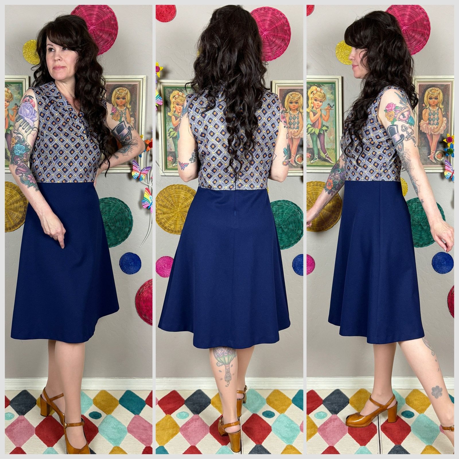 Vintage Vintage 1970s Blue Sleeveless Collar A-Line Minidress Size M / US 6-8 / IT 42-44 - 2 Thumbnail