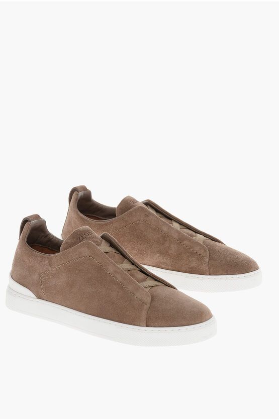 image of Ermenegildo Zegna Suede Triple Stitch Low Top Sneakers in Beige, Men's (Size 7)