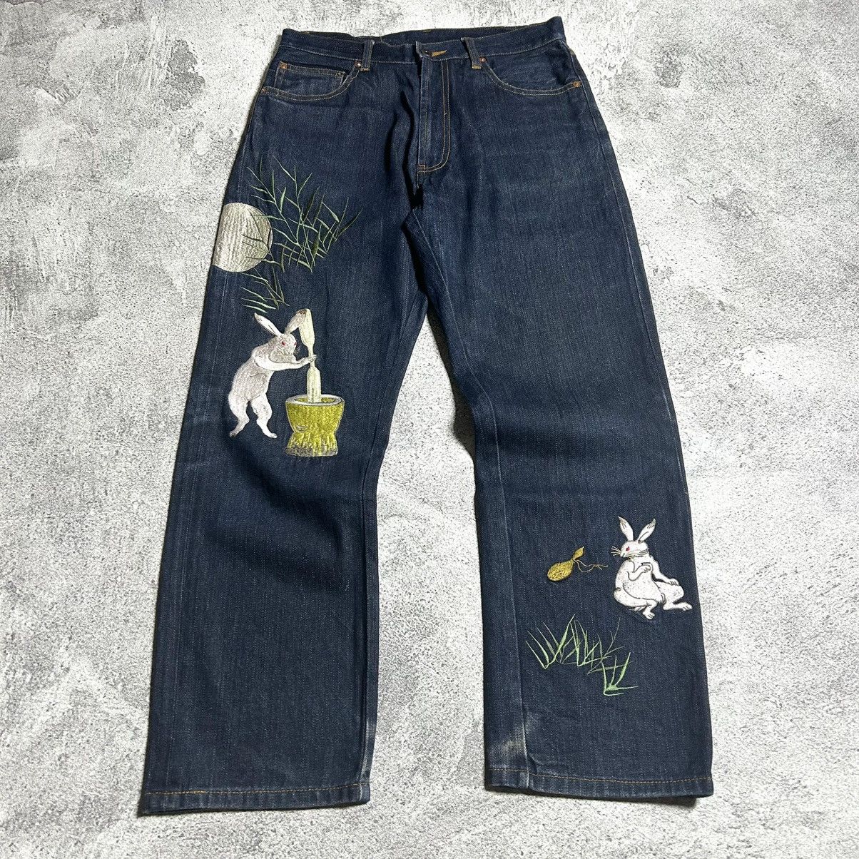 Japanese Brand Vintage Script Denim Rabbit Embroidery Size US 31 - 3 Thumbnail