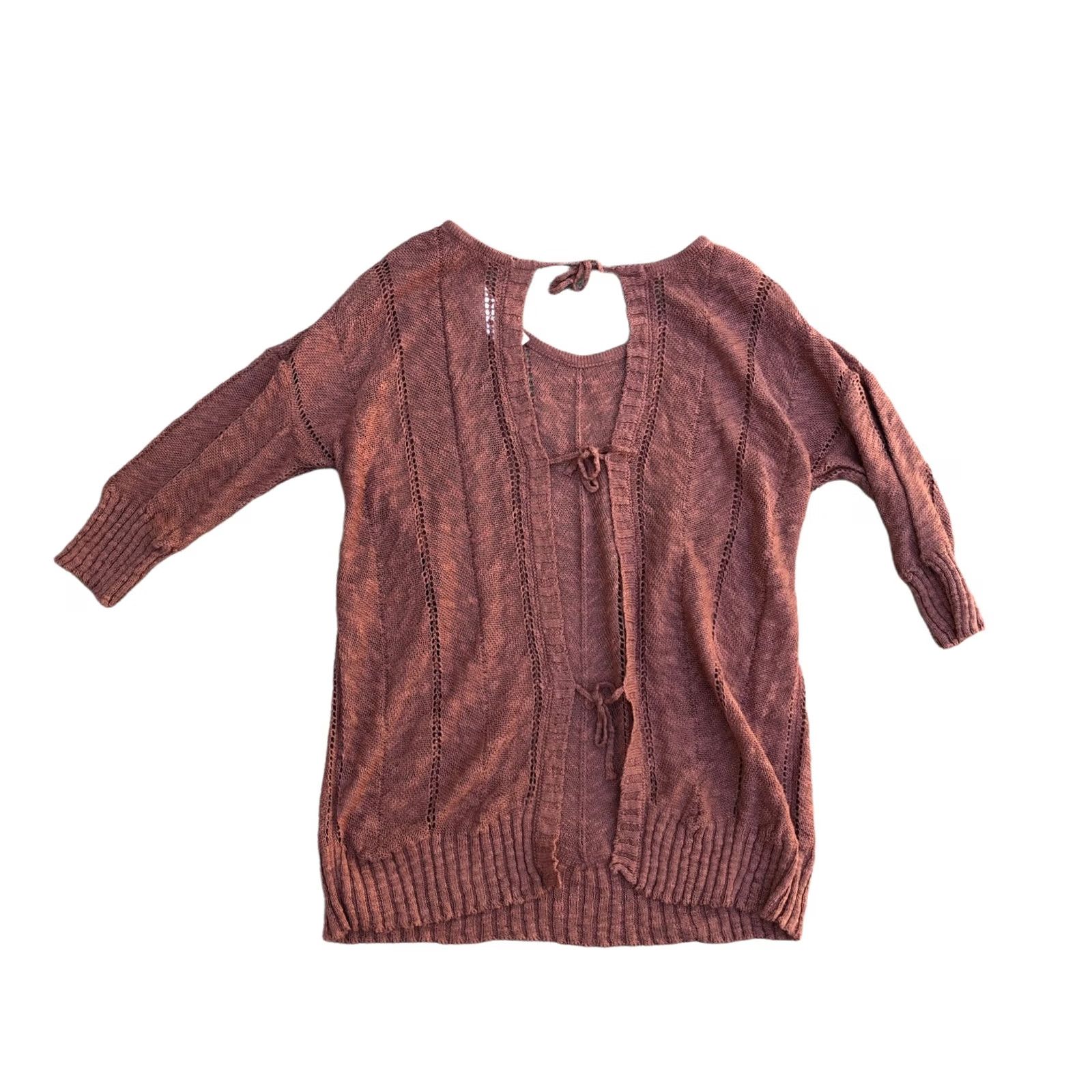 Anthropologie KNITTED & KNOTTED Anthropologie Linen Blend Sweater Women's Medium Open Back Cardigan Purple Taupe 3/4 Sleeve Mens Womens Girls Boys Size M / US 6-8 / IT 42-44 - 2 Thumbnail