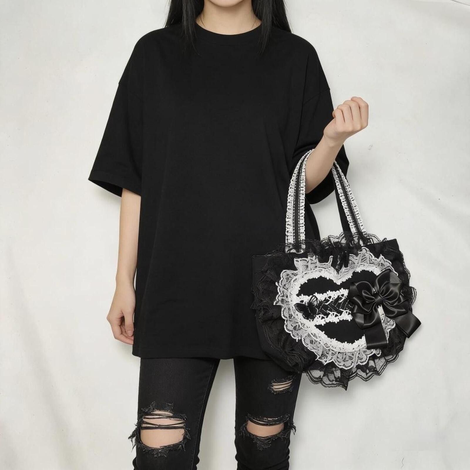 Other Black & White Lace Heart Lolita Tote Bag | Gothic Handbag Size ONE SIZE - 3 Thumbnail