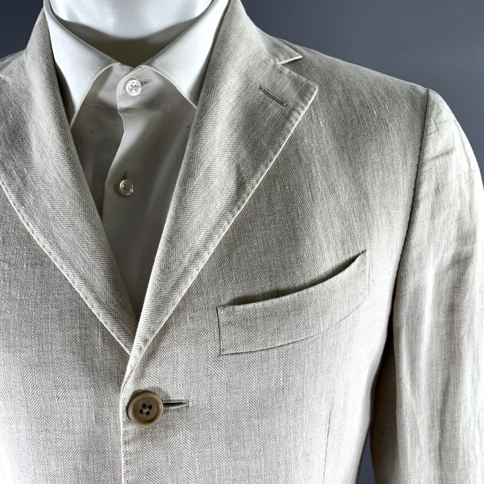 Salvatore Ferragamo SALVATORE FERRAGAMO Sport Coat Blazer 38 Cream Herringbone Linen Men Chest 39 Notch Lapel Italy Size 38R - 2 Thumbnail