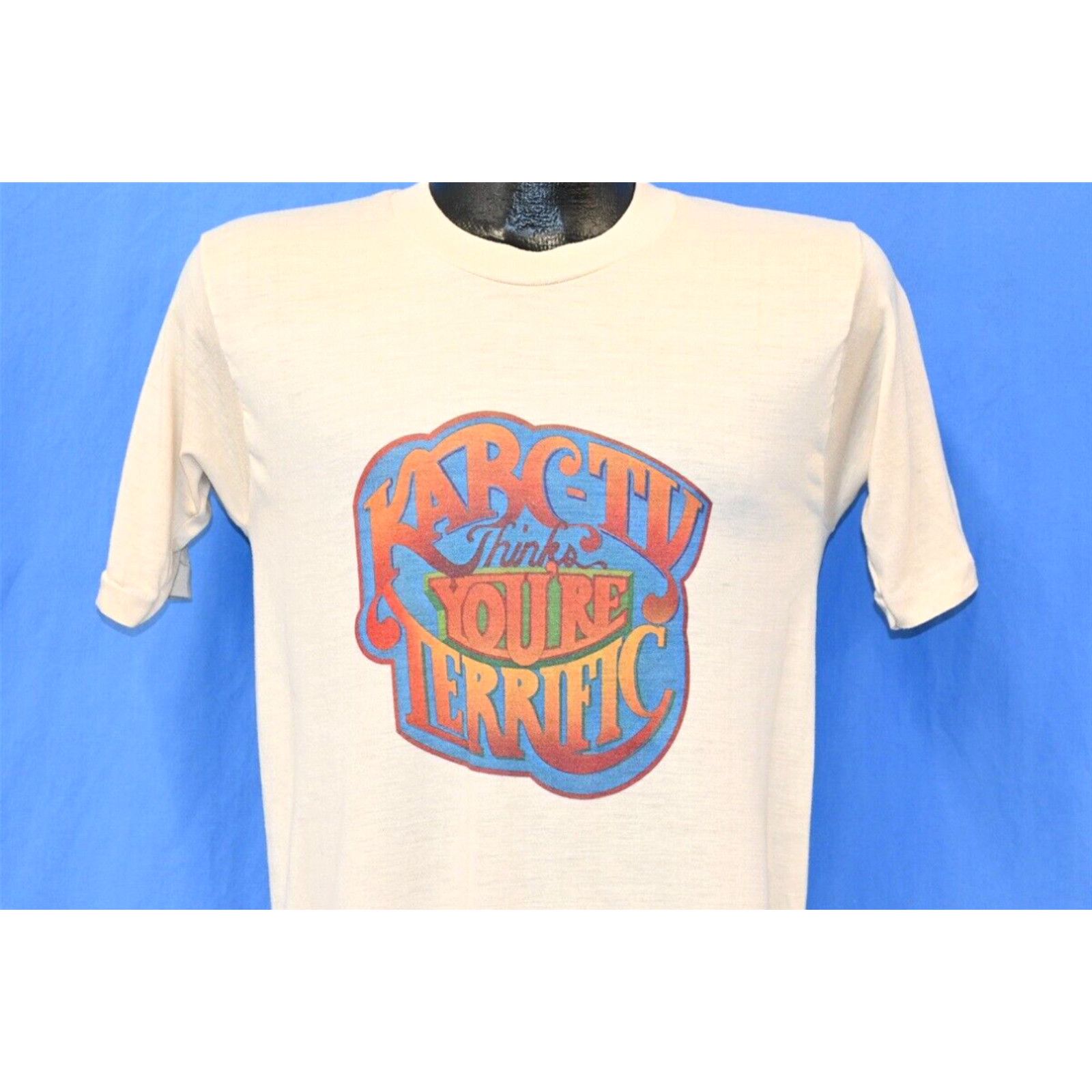 image of Vintage 80's Kabc Tv Thinks Youre Terrific Beige Soft Poly T-Shirt Small S in White, Men's