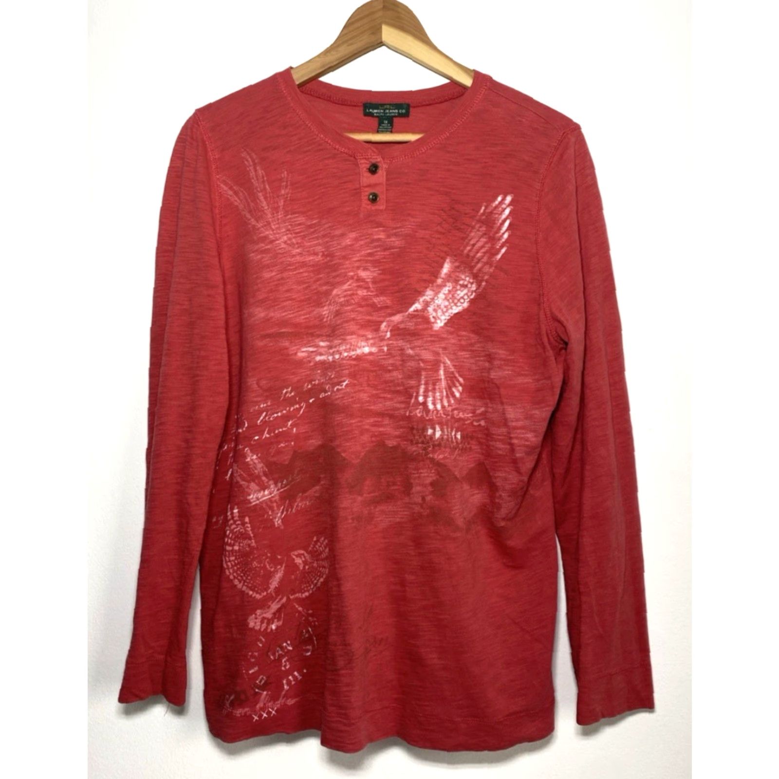 Vintage Lauren Jeans Co. Ralph Lauren Women's Long Sleeve Henley Shirt 1X Brick Red Cotton T-Shirt Casual Women Gly Gender: Womens Size XL / US 12-14 / IT 48-50 - 2 Thumbnail