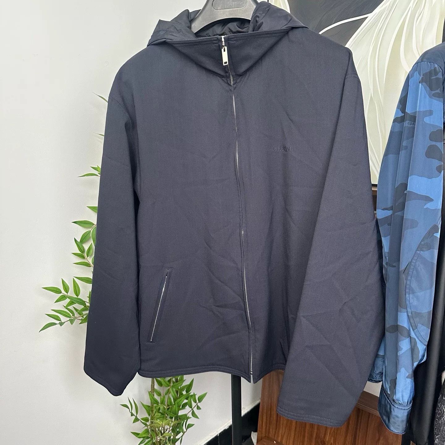 Valentino navy blue embroidered logo zip jacket coat