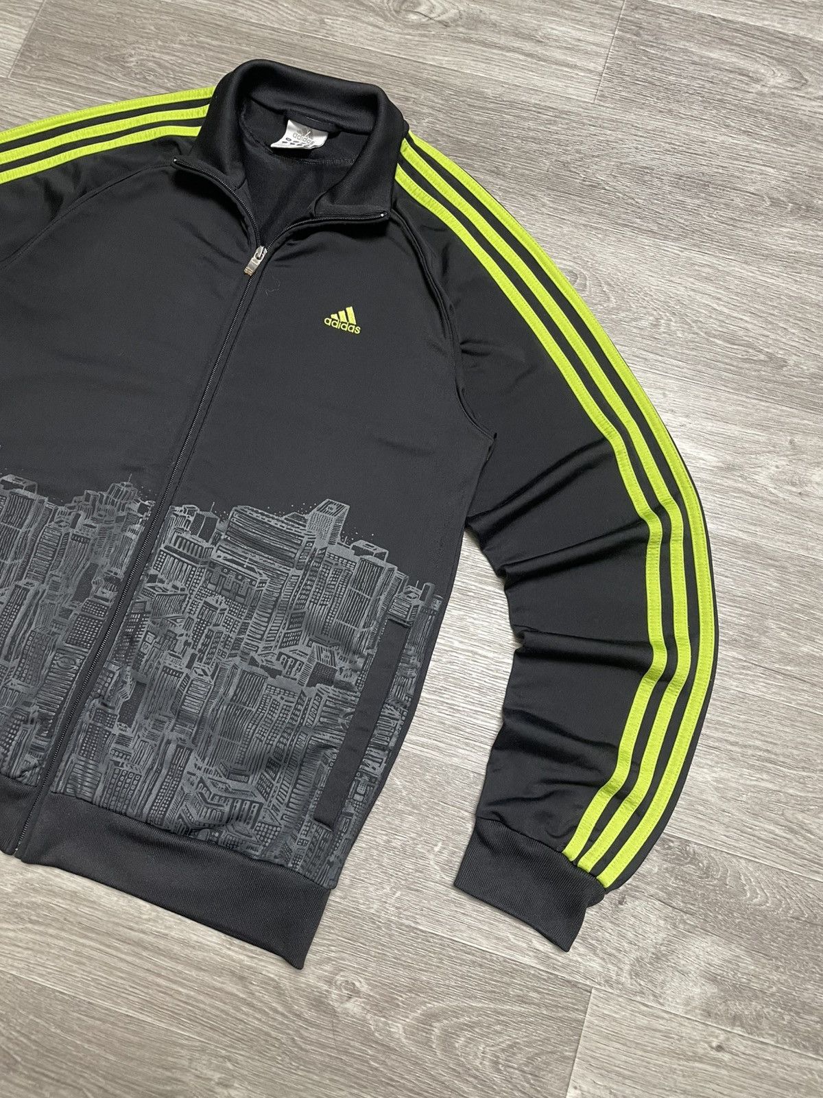 Adidas Track Jacket Black Neon 3-Stripes City Skyline Print