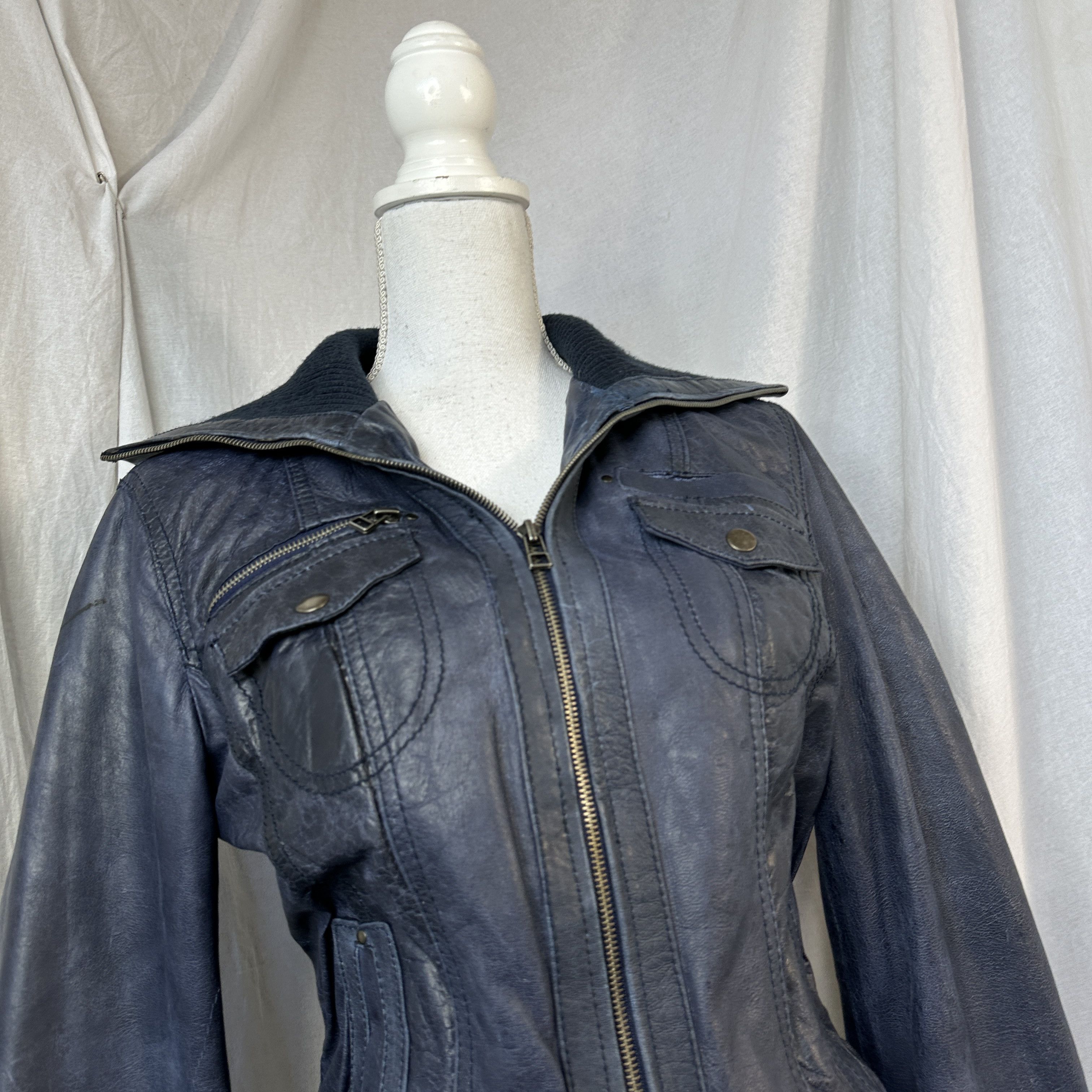 Vintage Vintage Biker Moto Big Collar Faded Navy Blue Leather Jacket Size US M / EU 48-50 / 2 - 5 Thumbnail