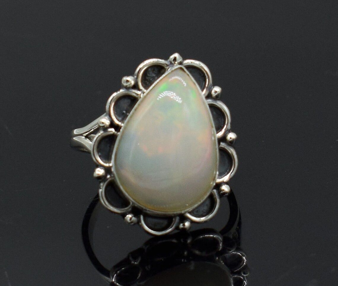Handmade Natural Ethiopian Opal Ring: Pear Stone, 925 Sterling Silver Size ONE SIZE - 2 Thumbnail