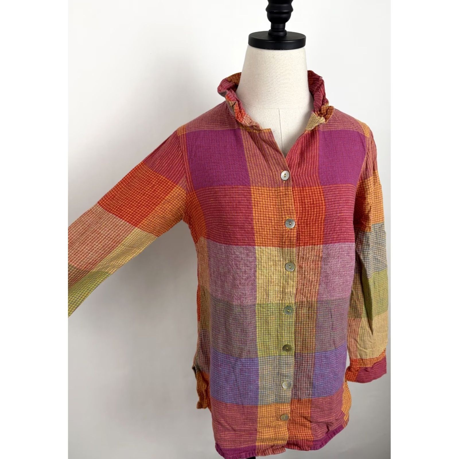 Soft Surroundings Soft Surroundings Shirt Womens XS Multicolor Plaid Top Boho High Neck Button Casual Sleeve XL? Size XS / US 0-2 / IT 36-38 - 3 Thumbnail