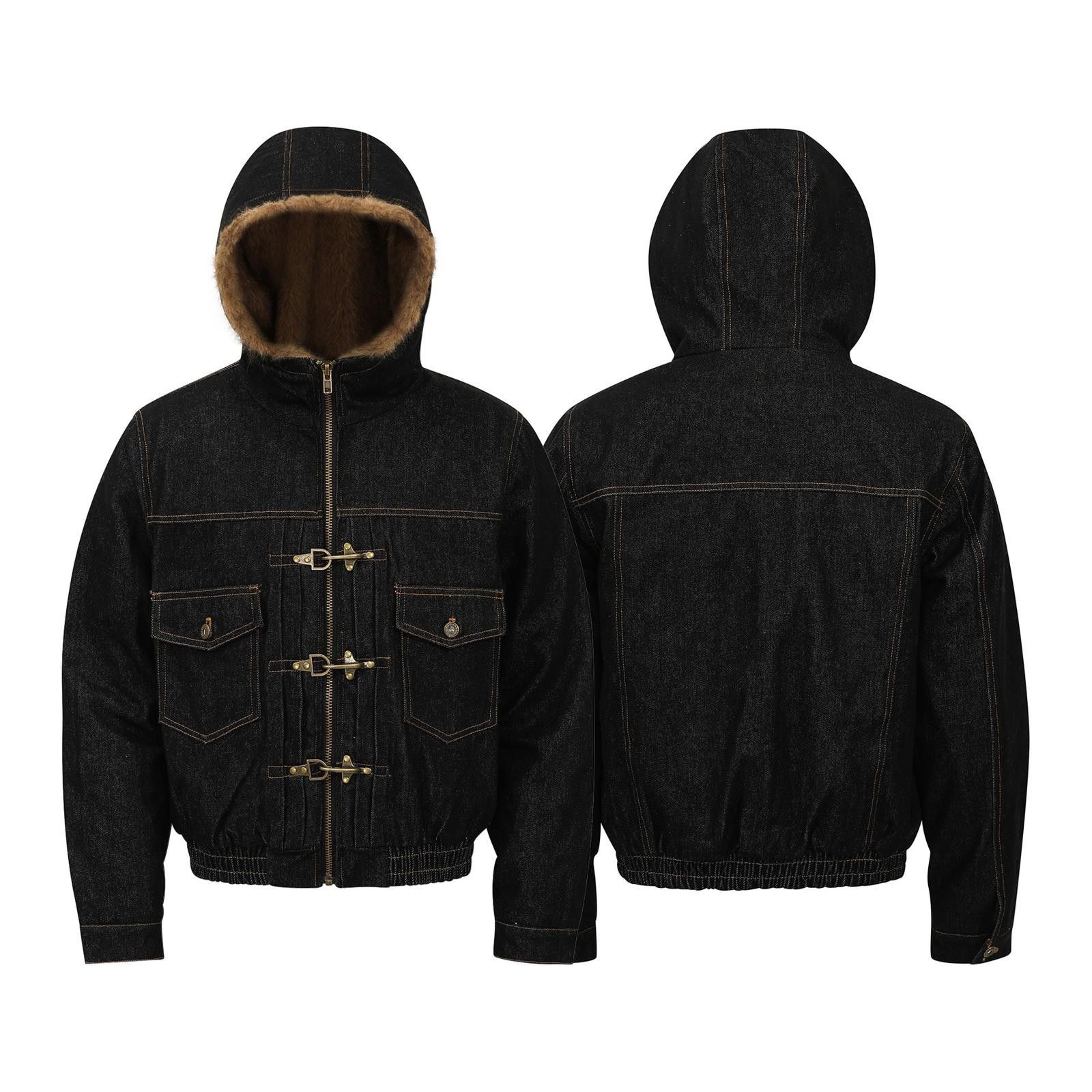 Fur-Lined Hooded Fireman Clasp Denim Bomber Jacket