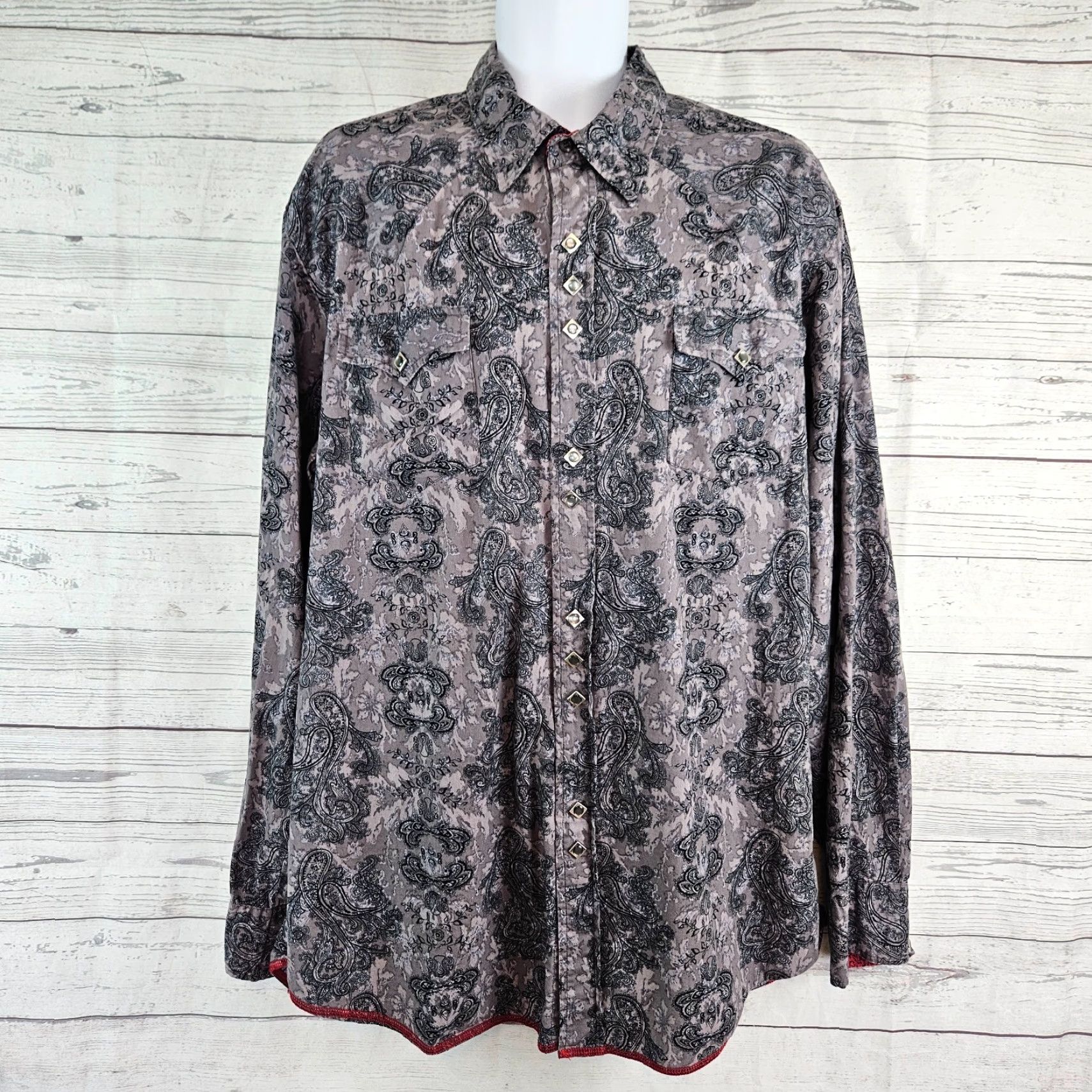 Roper Roper Mens Pearl Snap Shirt 2XL Gray Black Paisley Floral Long Sleeve Shirt Mens Size US XXL / EU 58 / 5 - 2 Thumbnail