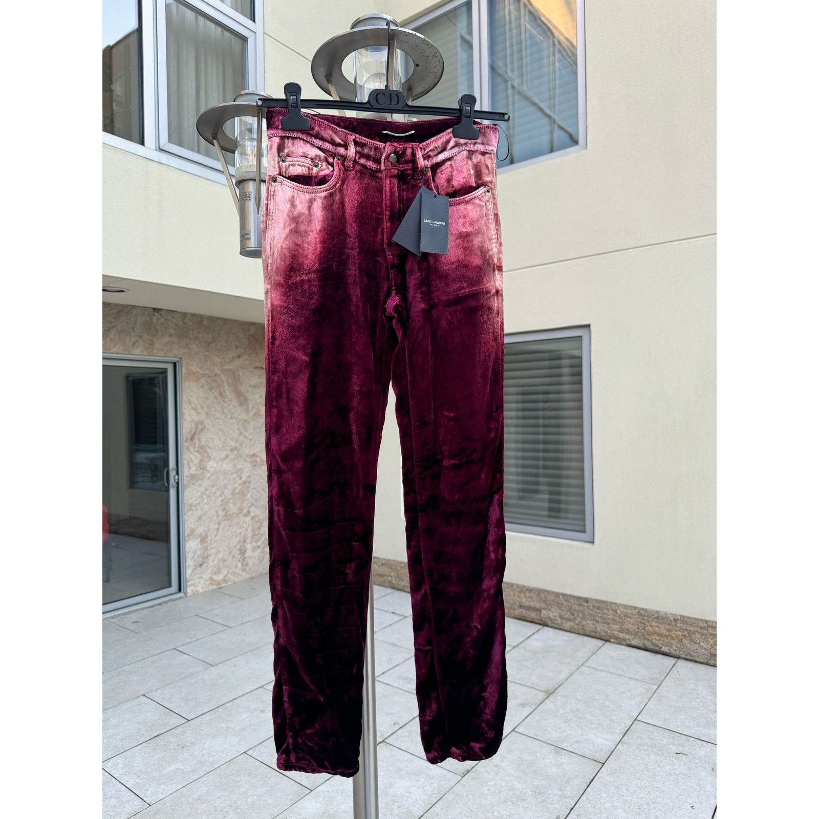 Saint Laurent Paris o1rshd1 Skinny 5 Pockets Velvet / Velour Pants in Burgundy Size US 27 - 3 Thumbnail
