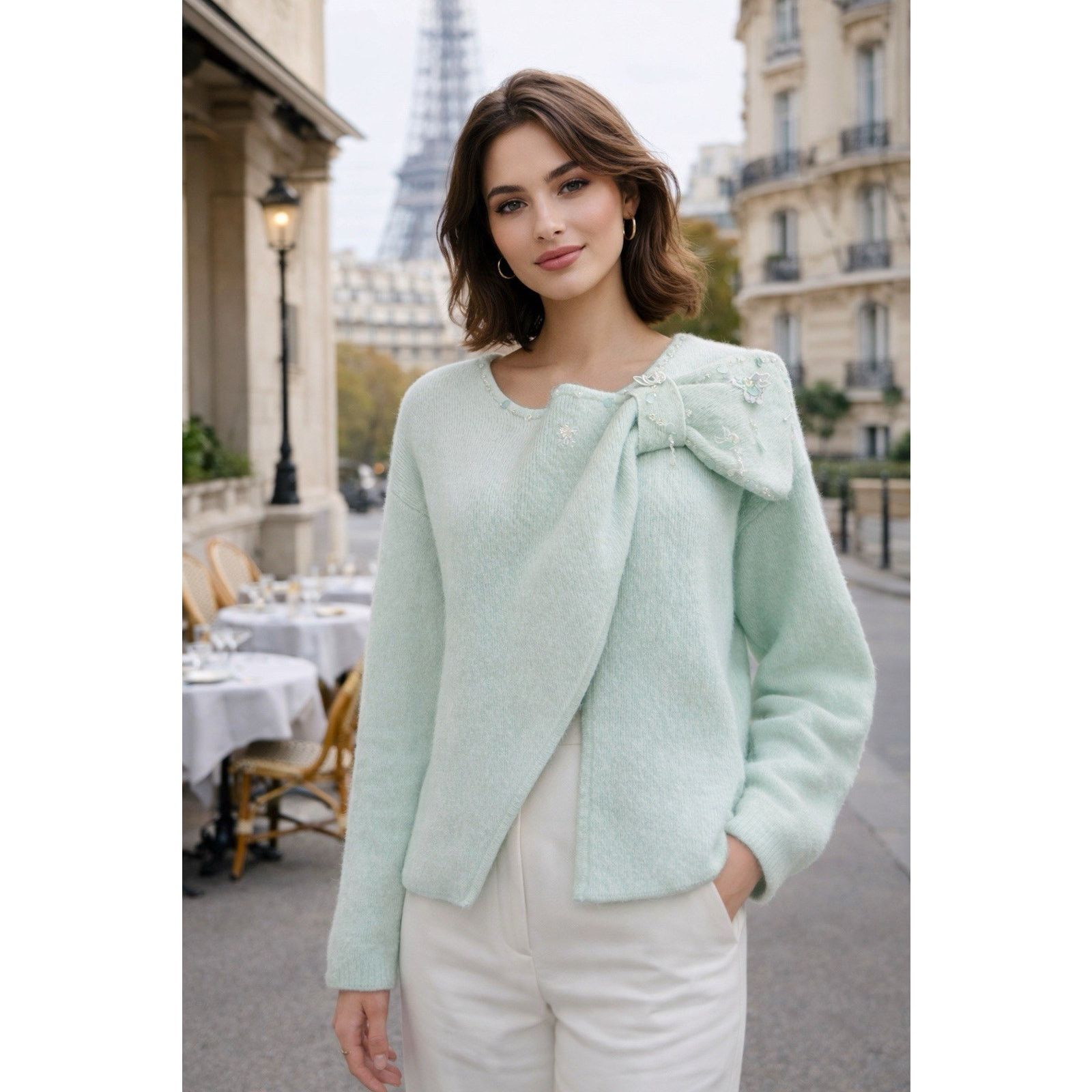 Other MARIE ELIE Mint Green Bow Embellished Angora Wool Sweater M Size M / US 6-8 / IT 42-44 - 1 Thumbnail