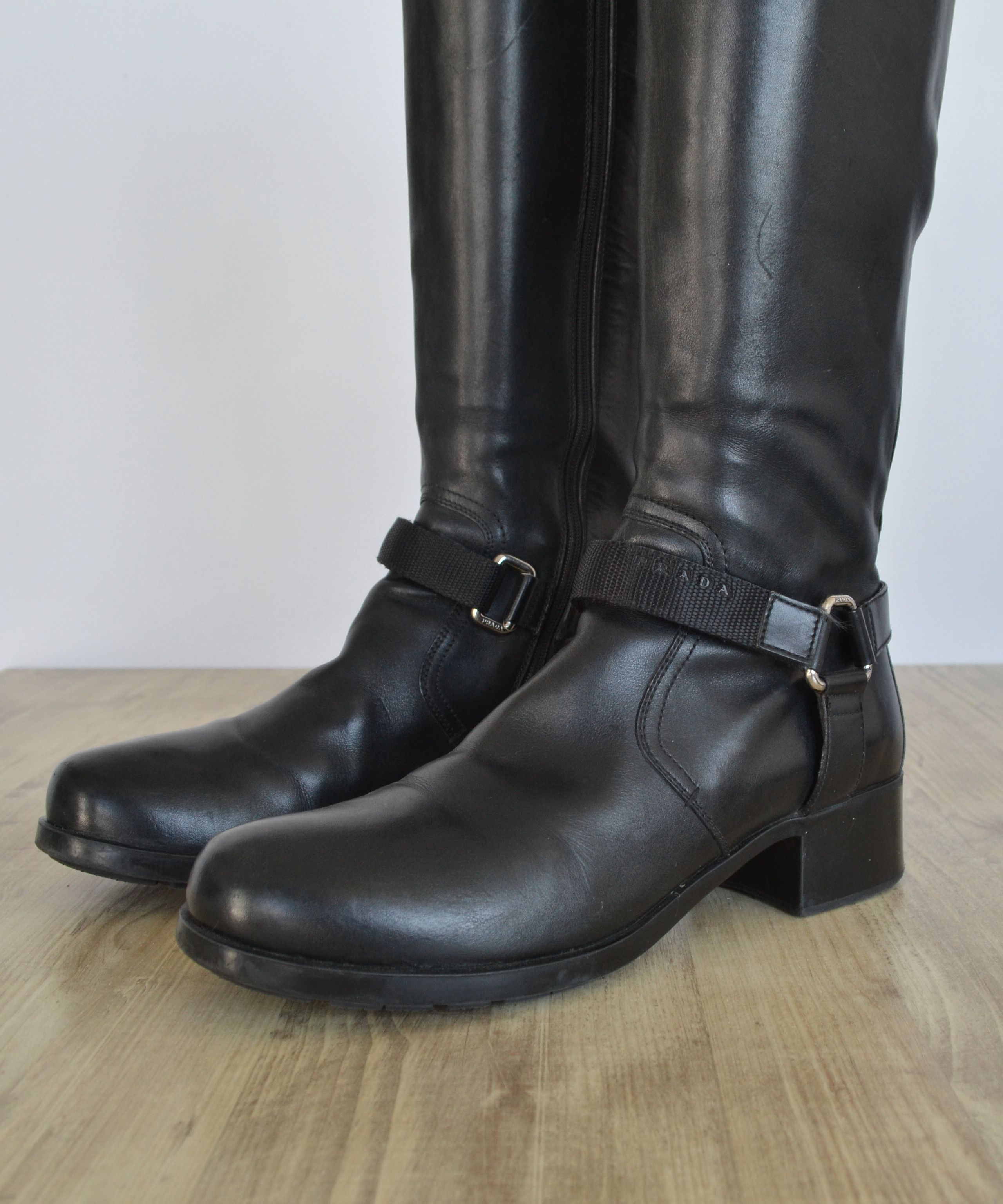 image of Prada Boots Logo Belt Biker Moto Zip Shoes Vintage in Black, Women's (Size 9)
