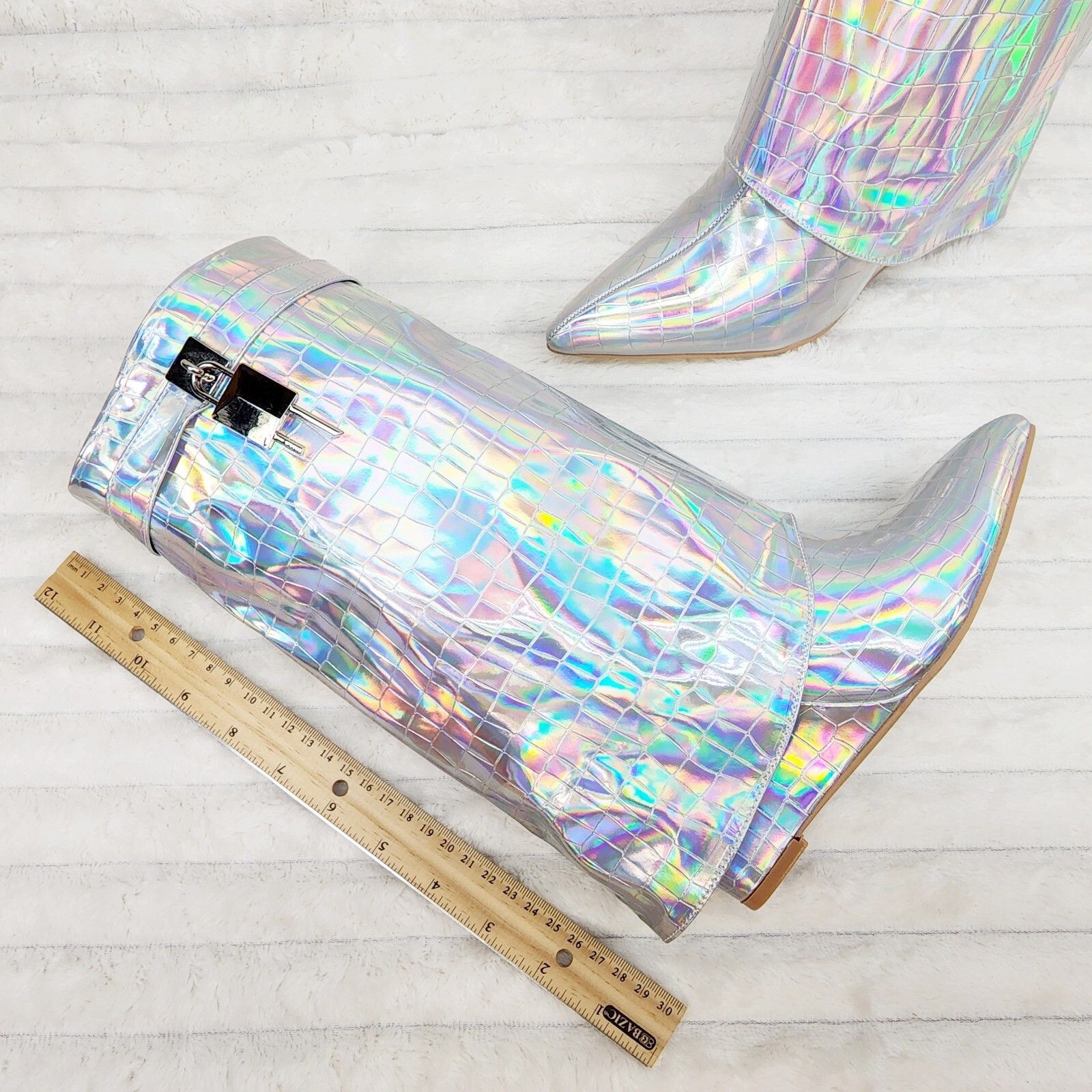 Other Vision Royal Silver Hologram Wedge Heel Fold Over Skirted An Size US 9 / IT 39 - 9 Thumbnail