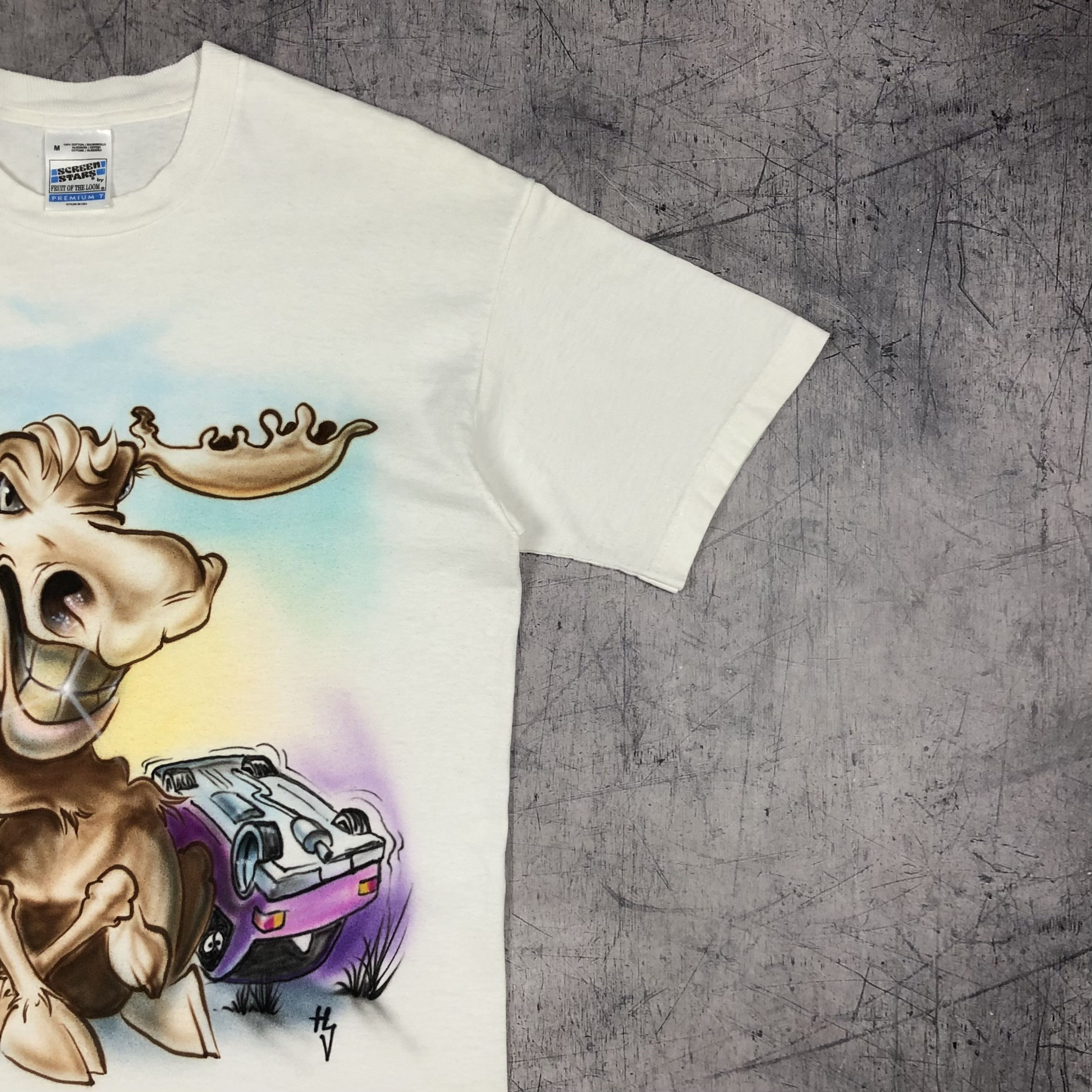 Handmade 90s Aerograph 1Of1 Handpaint Moose On Road Tee Size US L / EU 52-54 / 3 - 6 Thumbnail