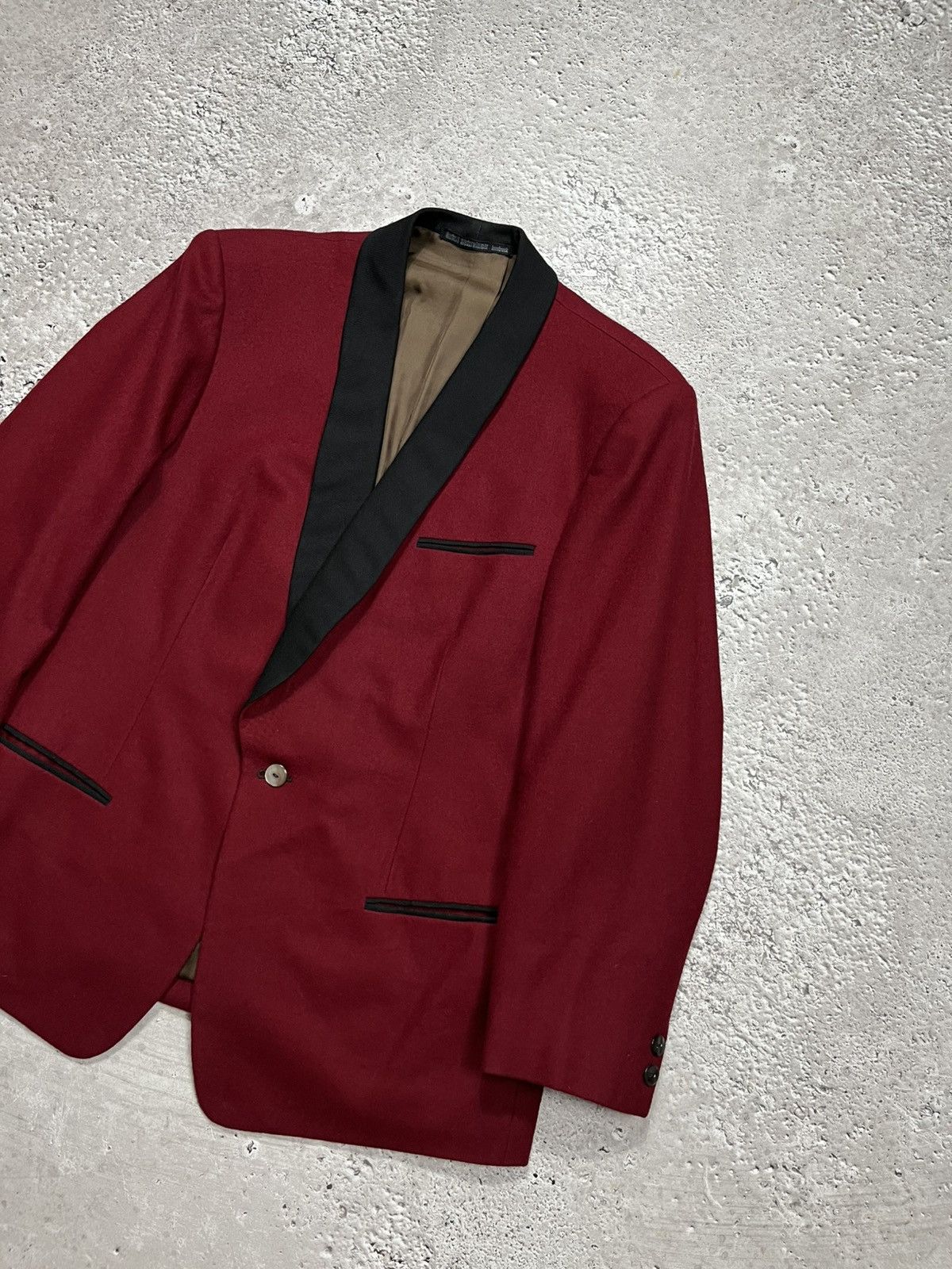 Japanese Brand Vintage Wool Tuxedo Blazer Burgundy Black Shawl Collar Size 42R - 2 Thumbnail