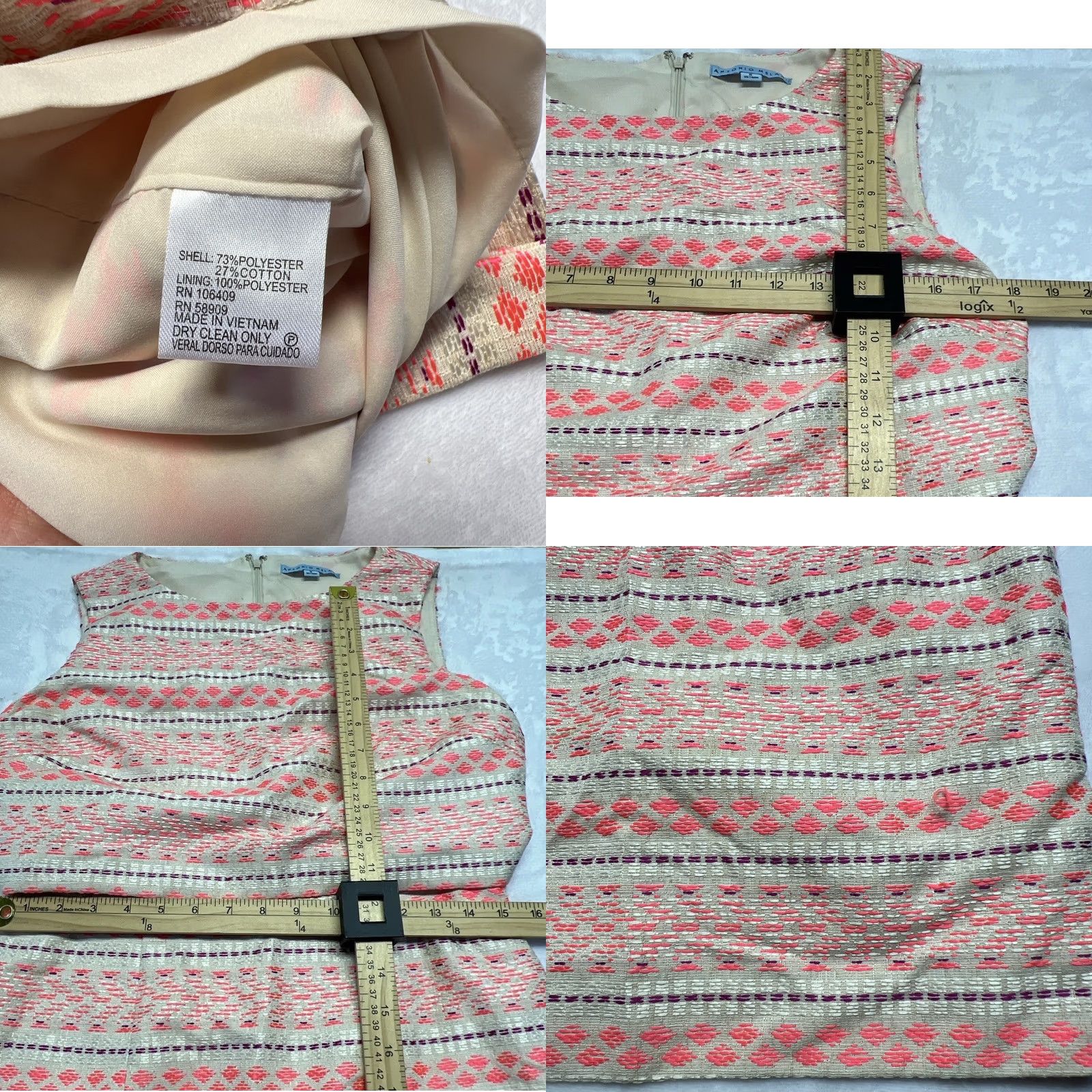 Vintage Antonio Melani Dress Sheath Sleeveless Pink Cream Jacquard Textured Knee Length Crew Neck Zip Back Lined Womens 8 Size M / US 6-8 / IT 42-44 - 8 Thumbnail
