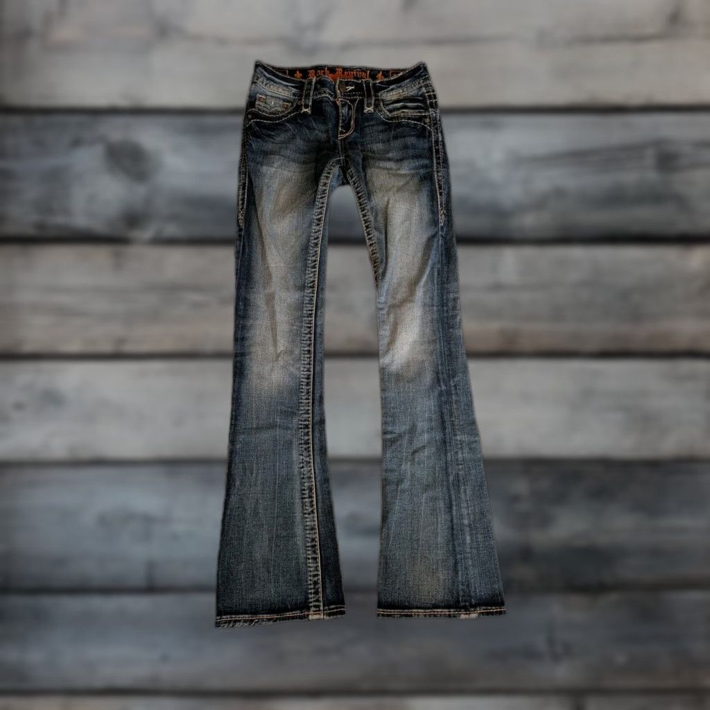 Rock Revival Melora Bootcut Jeans Women Size 24 Blue Faded Distressed