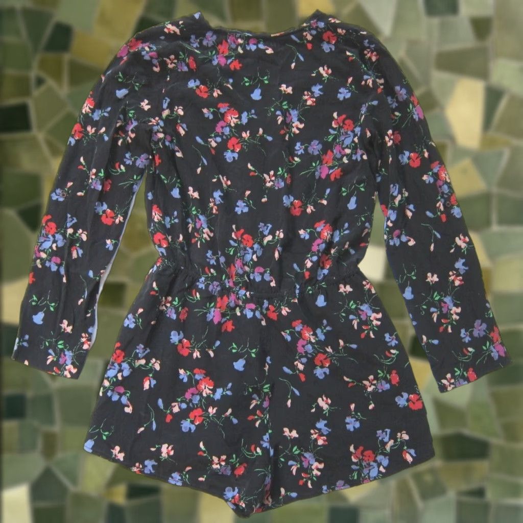 Vintage Patterson J Kincaid Silk Black Red Green Floral Long Sleeve Jumper Shorts S - Women - Silk - Flowered One-Piece Jumpsuit Size S / US 4 / IT 40 - 1 Thumbnail