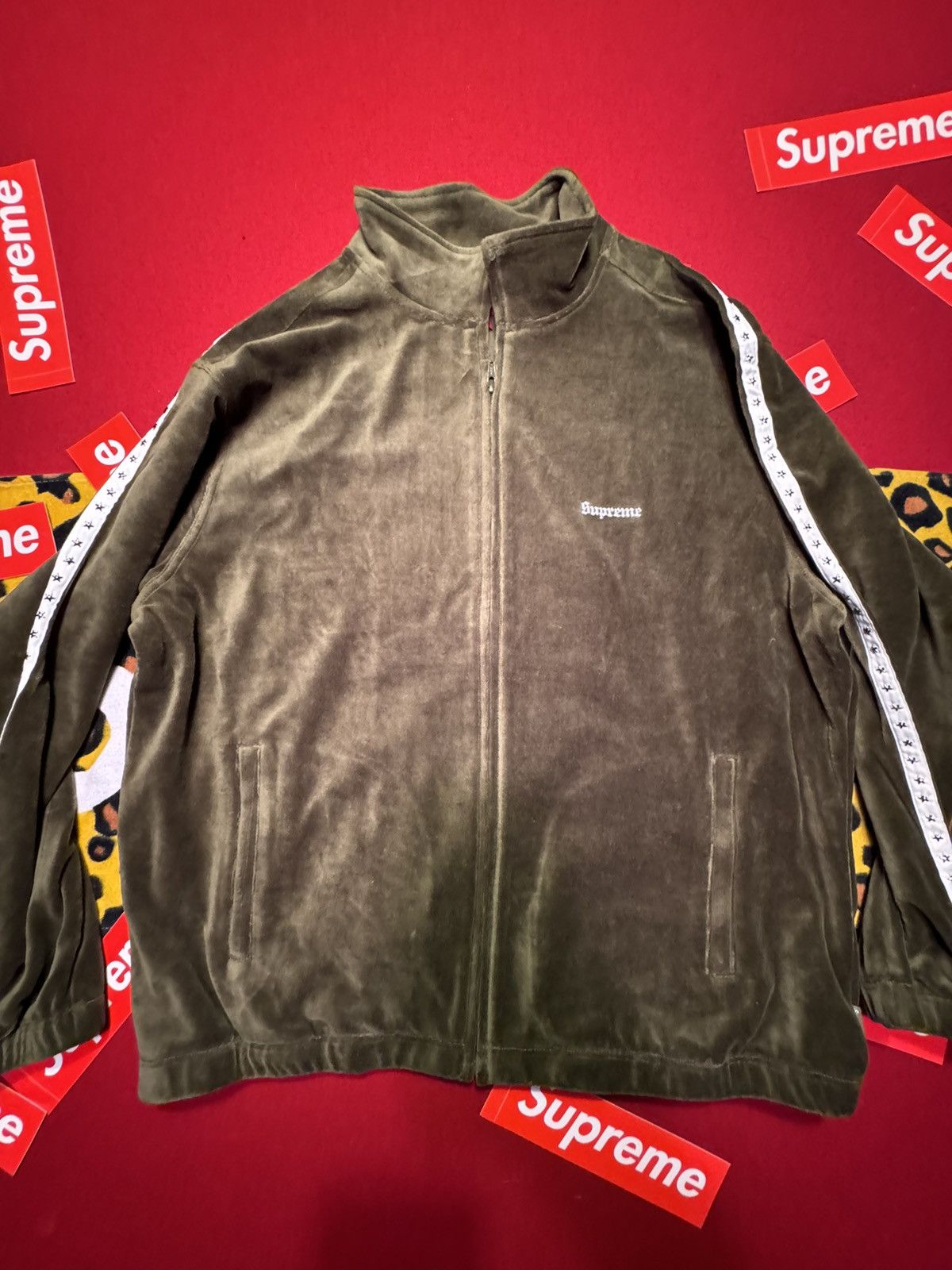 image of Supreme Studded Velour Track Jacket in Olive, Men's (Size XL)