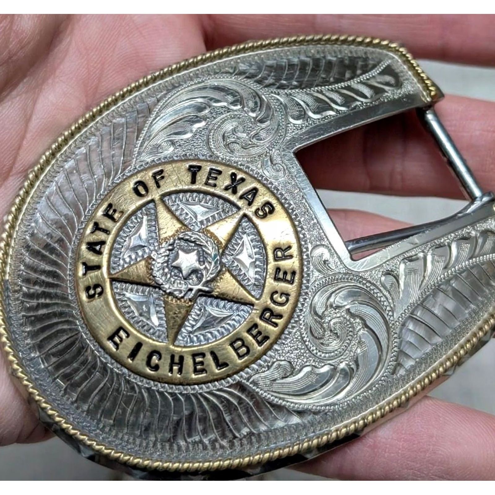 Vintage VINTAGE custom made TEXAS belt buckle Engraved Western Ranger Lonestar 4PC German Silver Nickel Silver Men Size ONE SIZE - 3 Thumbnail
